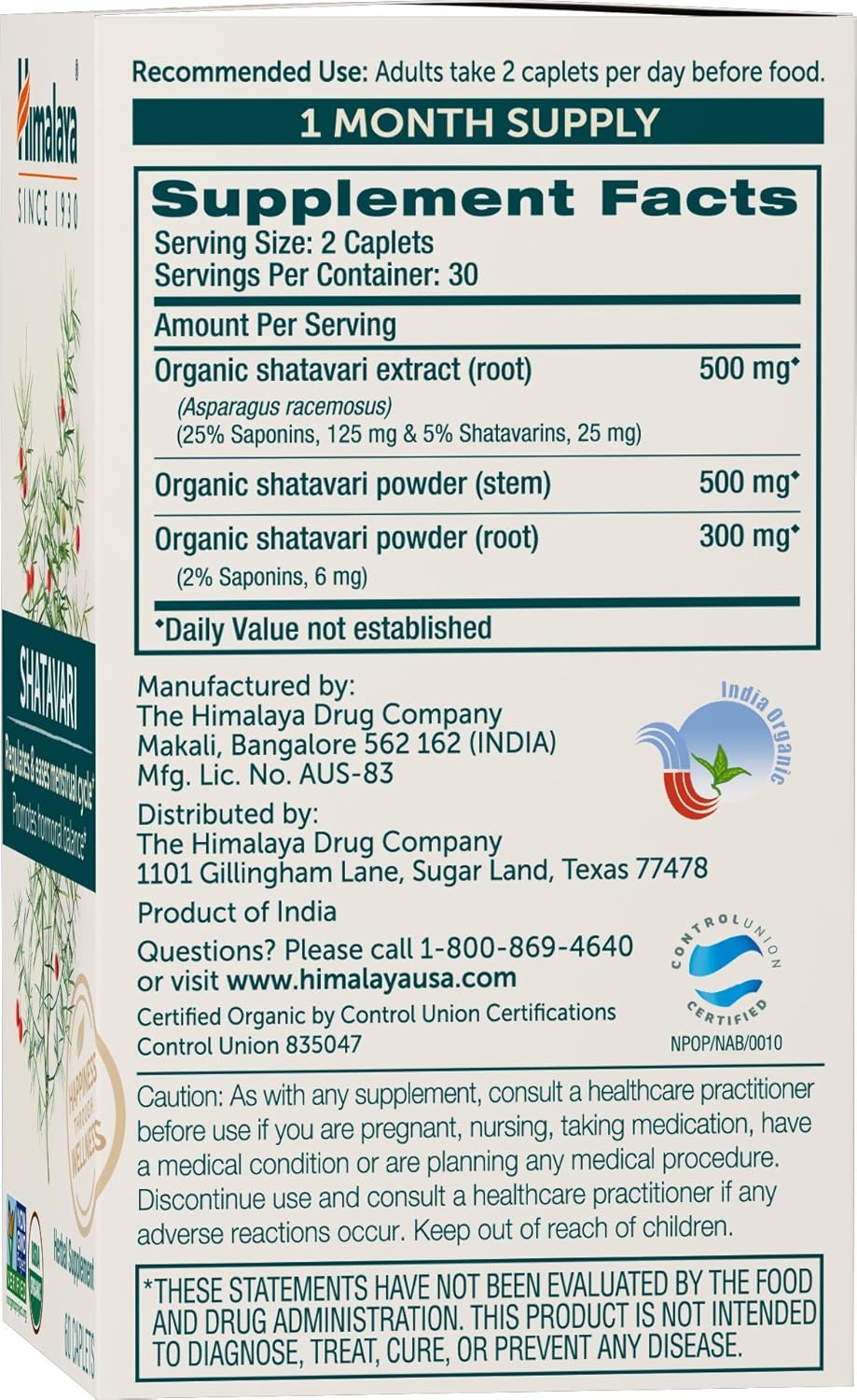 Himalaya Shatavari orgánico para el síndrome premenstrual, alivio de los calambres menstruales, apoyo para la menopausia y salud de la mujer, 1,300