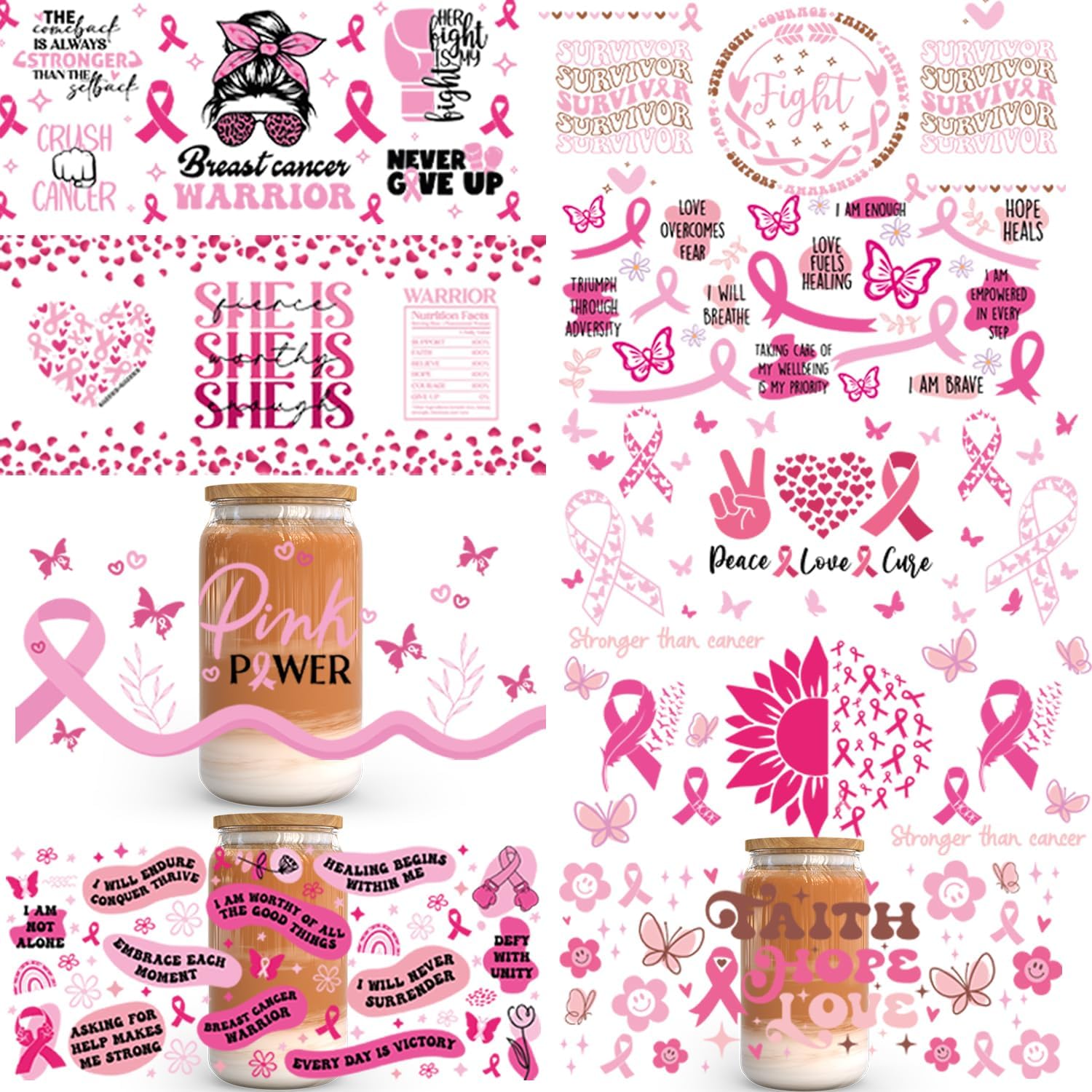 Envolturas de taza Uv Dtf para concientización sobre el cáncer de mama de 16 onzas, 9 hojas de calcomanías de transferencia Uvdtf a granel,