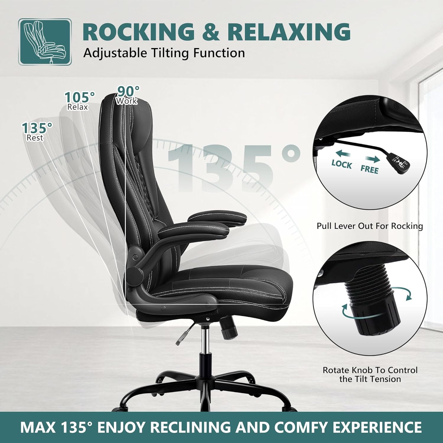Guessky Silla de oficina, silla de oficina grande y alta, silla de oficina ejecutiva, silla ergonómica de cuero con soporte lumbar, sillas de