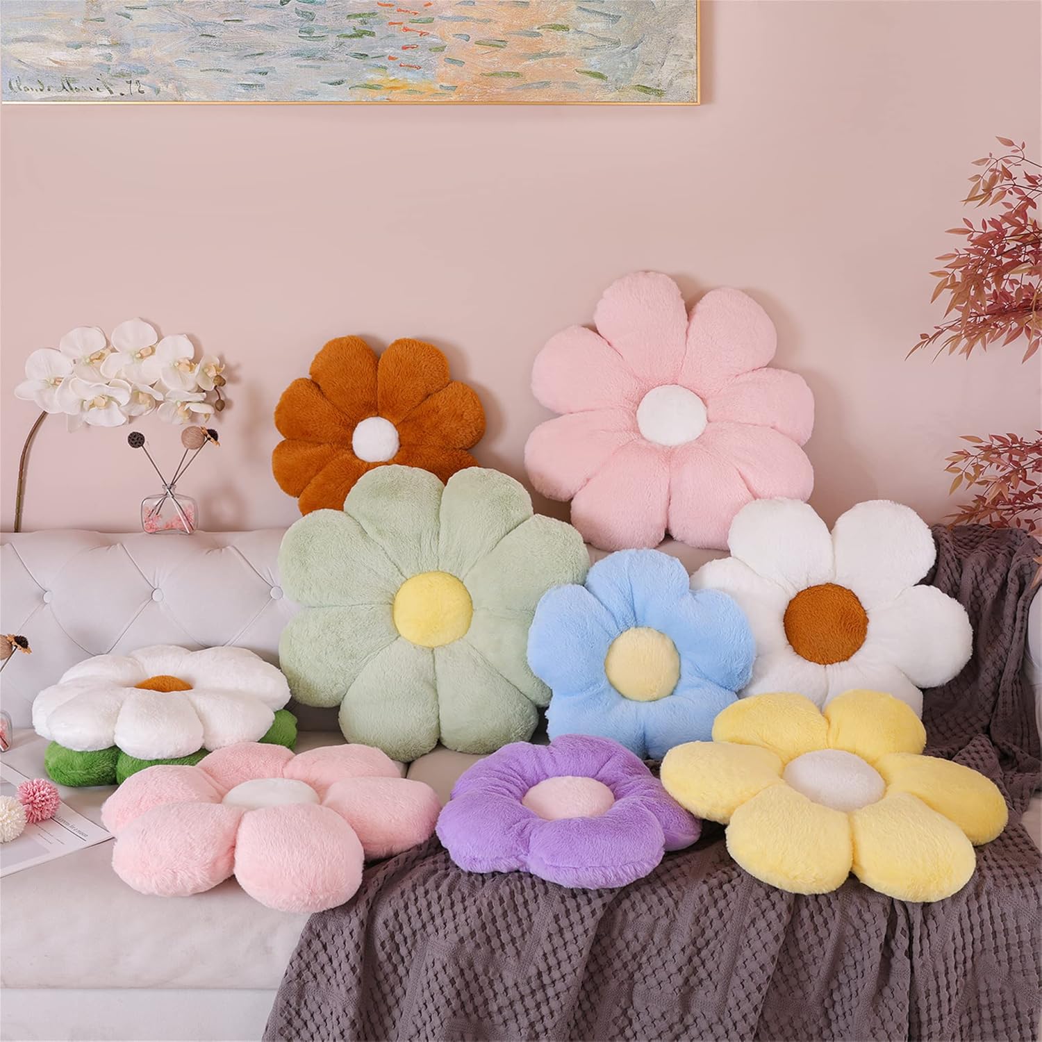 Cojín decorativo de flores, almohada decorativa para silla, almohada de felpa para piso (19.6 pulgadas, marrón y blanco)