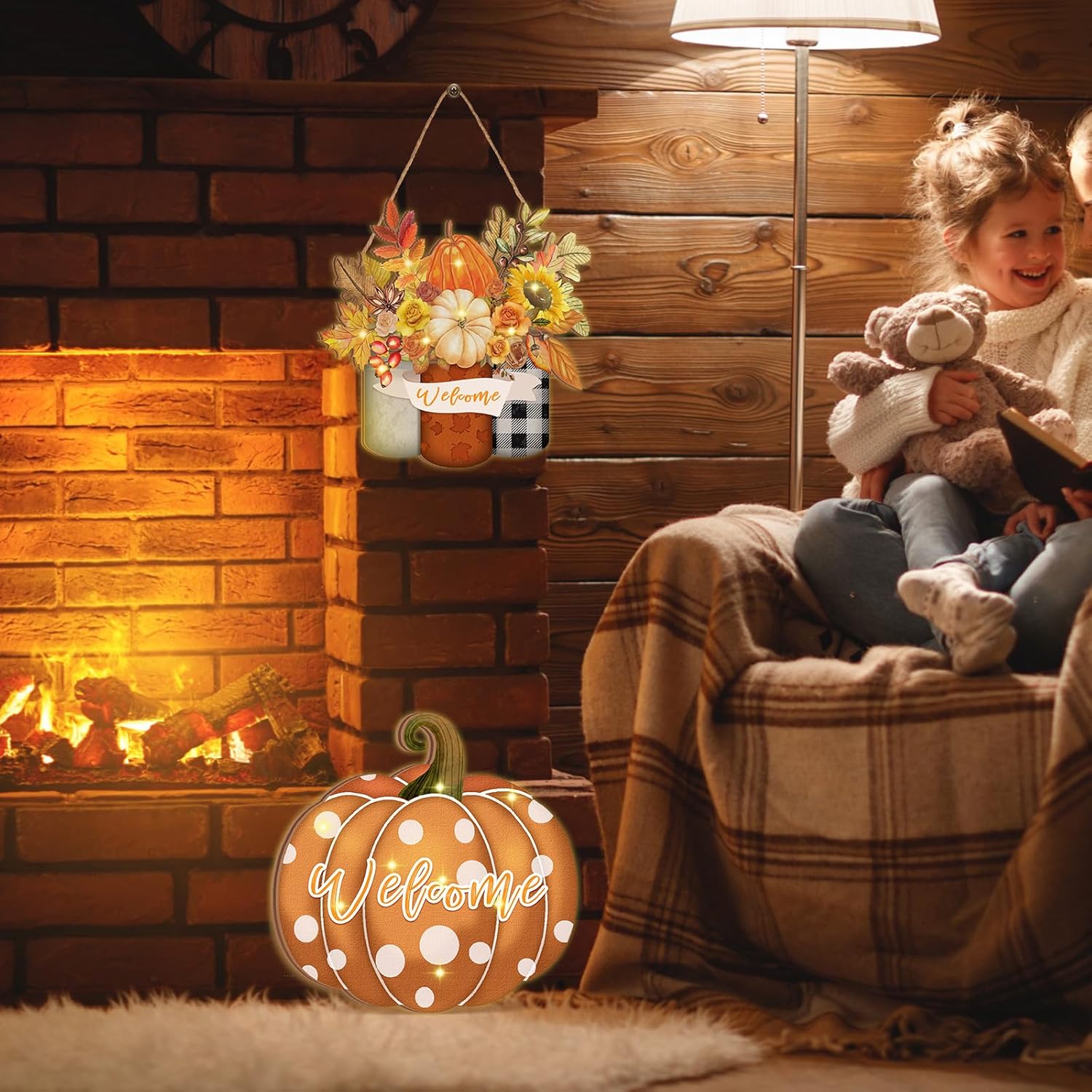 Amyhill 2 letreros iluminados de bienvenida de otoño para puerta delantera, LED, madera, calabaza, hoja de arce, decoración para colgar en Acción de