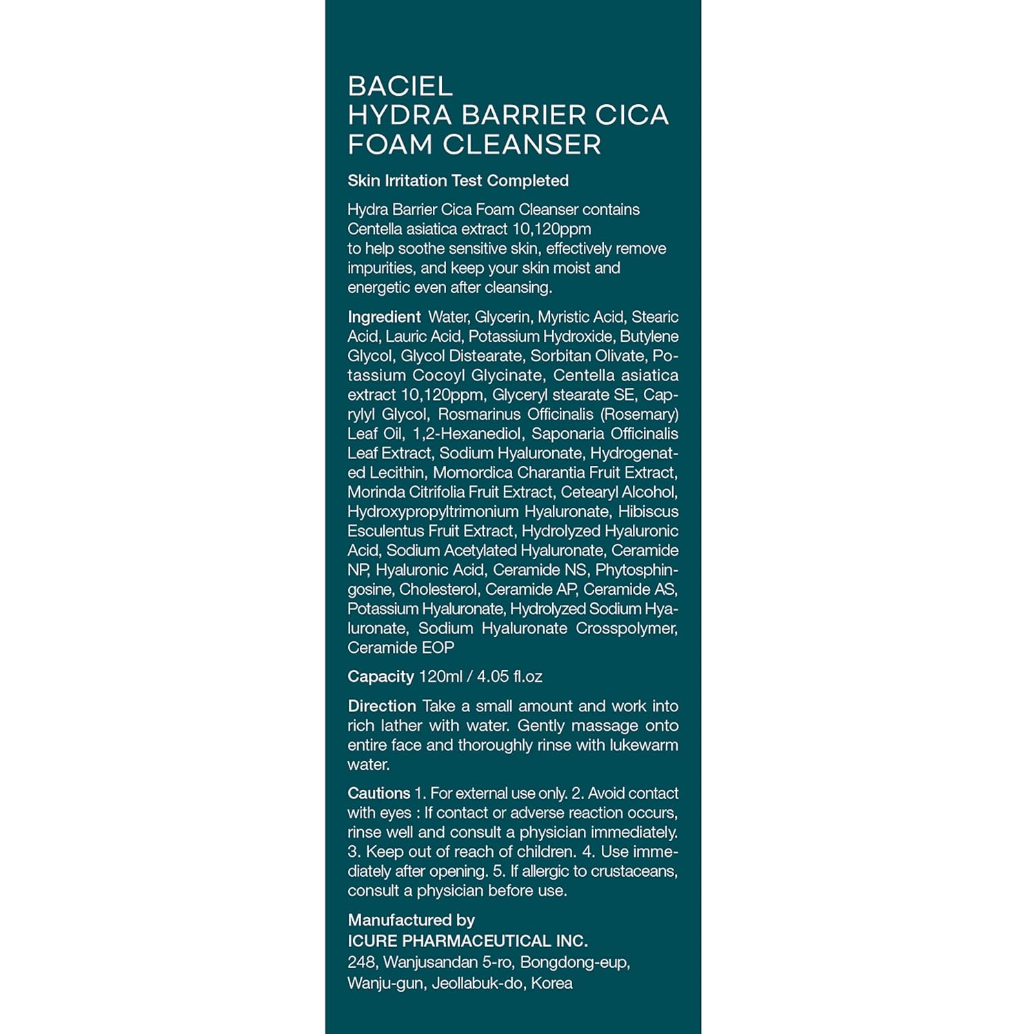 Limpiador de espuma Hydra Barrier Cica – Lavado facial Hidratante – Ácido hialurónico y Cica – Ceramida – Cuidado de la piel coreano 4.05 onzas