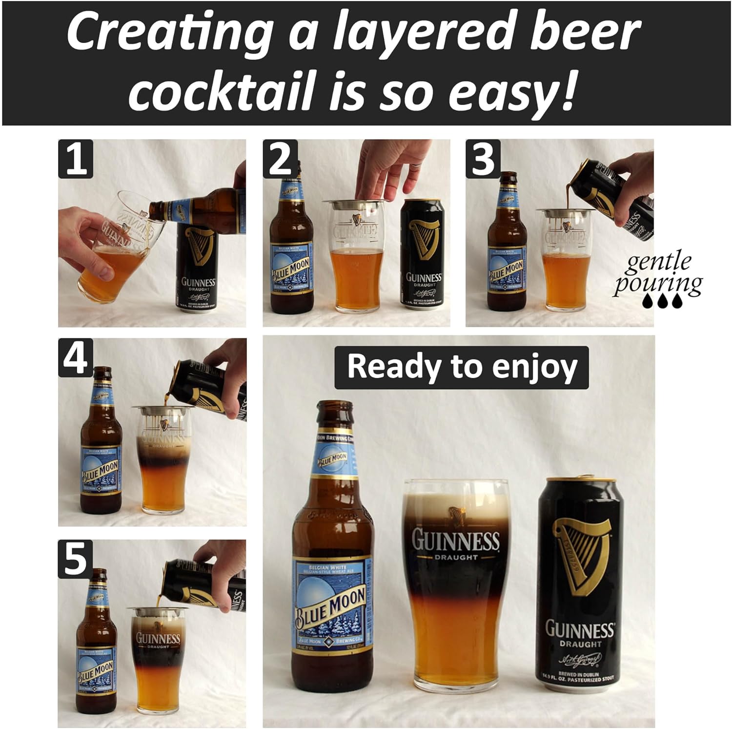 La herramienta perfecta de capas de cerveza negra y tostada – Accesorio de camarero para cócteles de cerveza en capas (acero inoxidable PVD dorado)