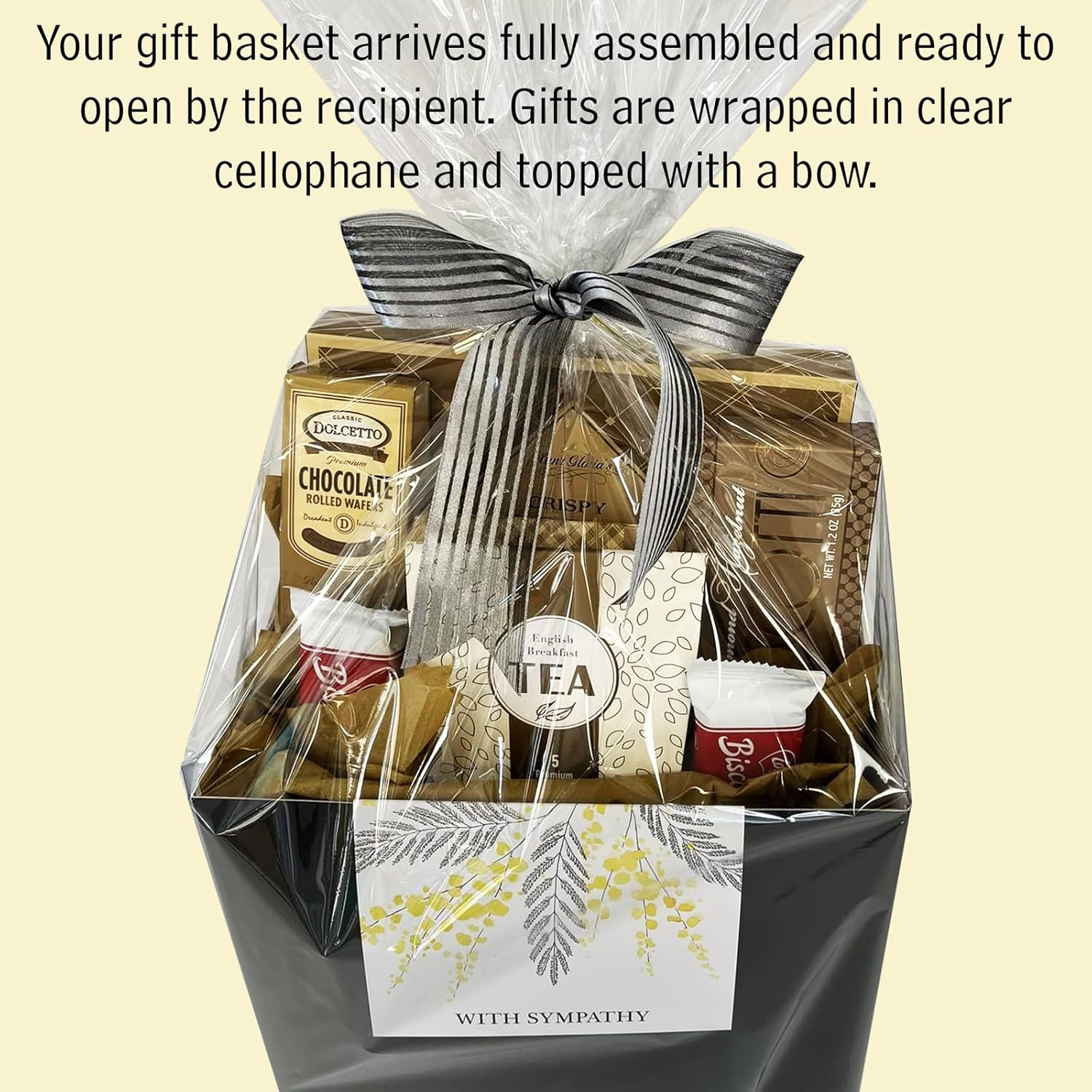Canasta de regalo para dar el pésame por la pérdida de madre, padre u otro ser querido, canasta de regalo gourmet de duelo.