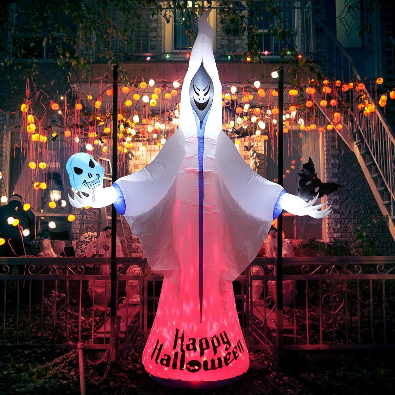 Decoraciones inflables de fantasma blanco de Halloween de 9 pies, decoraciones inflables de Halloween al aire libre con luces LED, patio inflable de