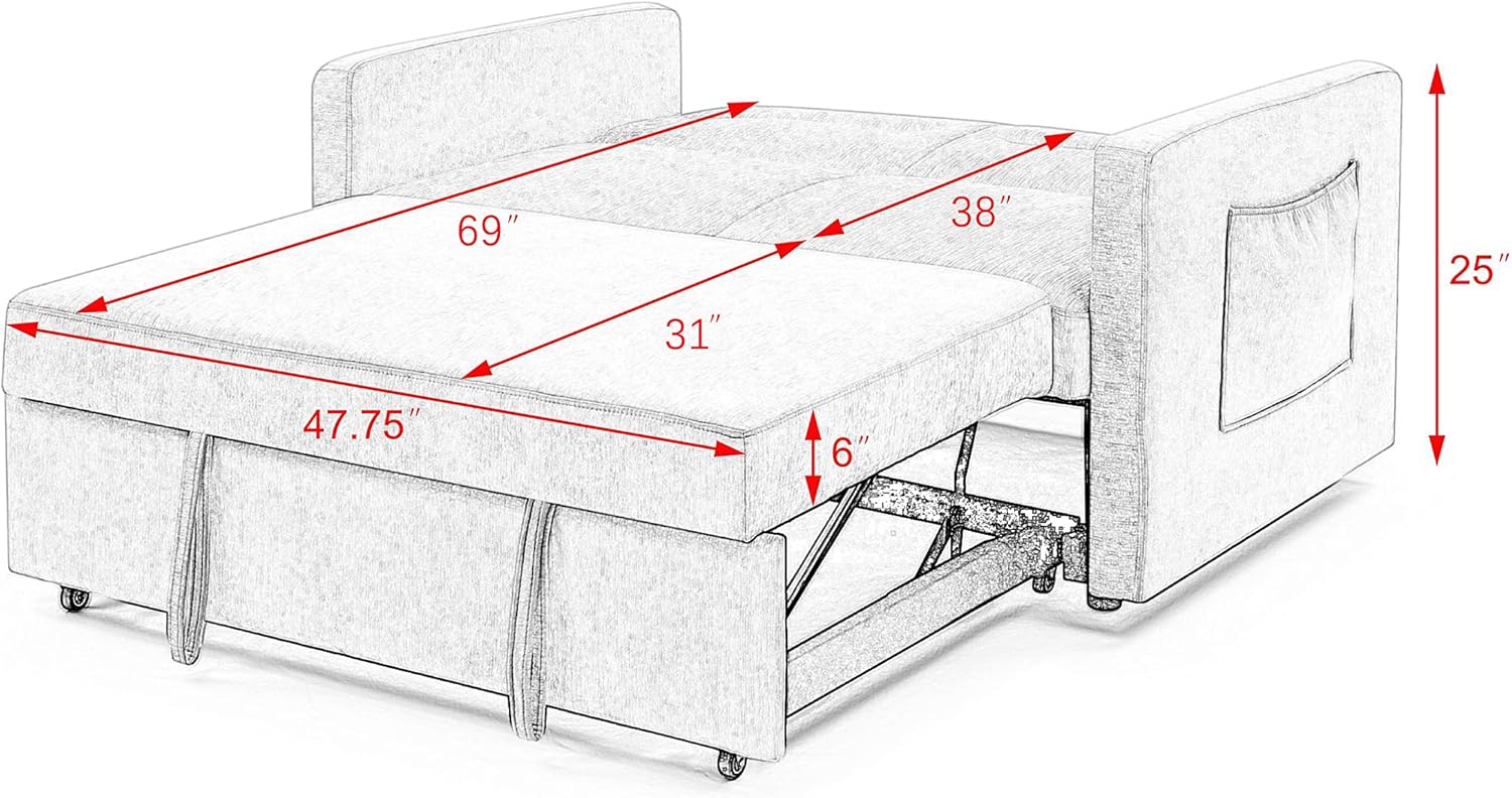 Sofá cama convertible moderno de 54.5 pulgadas, dos bolsillos laterales, tela gris con cama extraíble, sofá biplaza y respaldo ajustable para sala