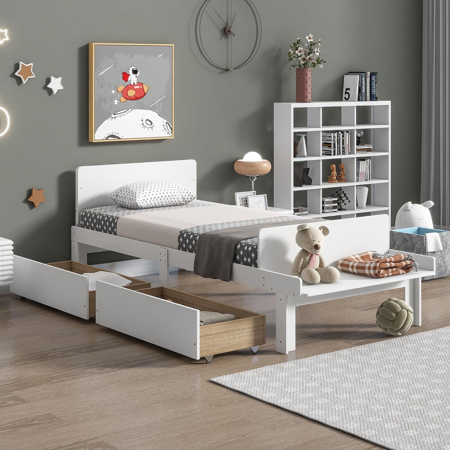 Dolonm Base de cama individual para niños con 2 cajones, plataforma de almacenamiento con banco de estribo, marco de cama individual para niños,