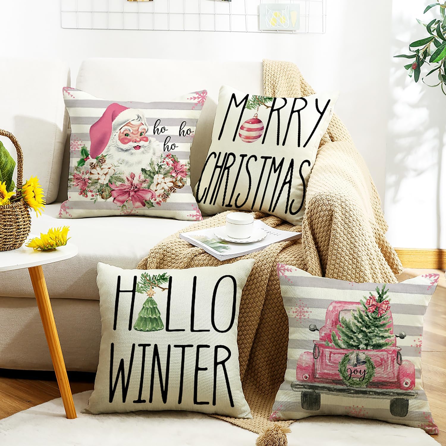 HOOLRO 4 fundas de almohada familiares de Navidad de 18 x 18 pulgadas, fundas de almohada de Navidad rosa con texto en inglés “Merry Winter”, fundas