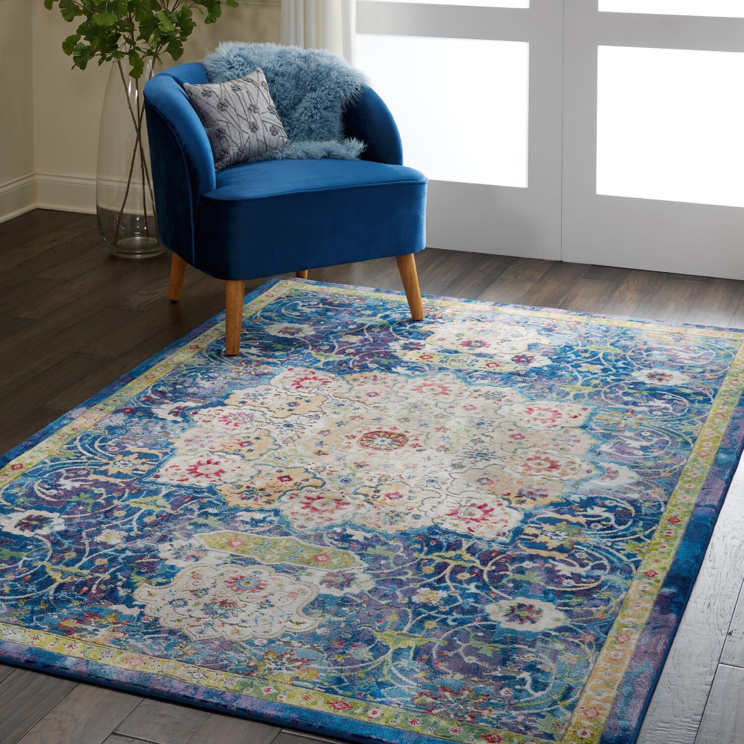 Nourison Global – Alfombra vintage tradicional azul de 4 x 6 pies, fácil de limpiar, no se desprende, para dormitorio, sala de estar, comedor y