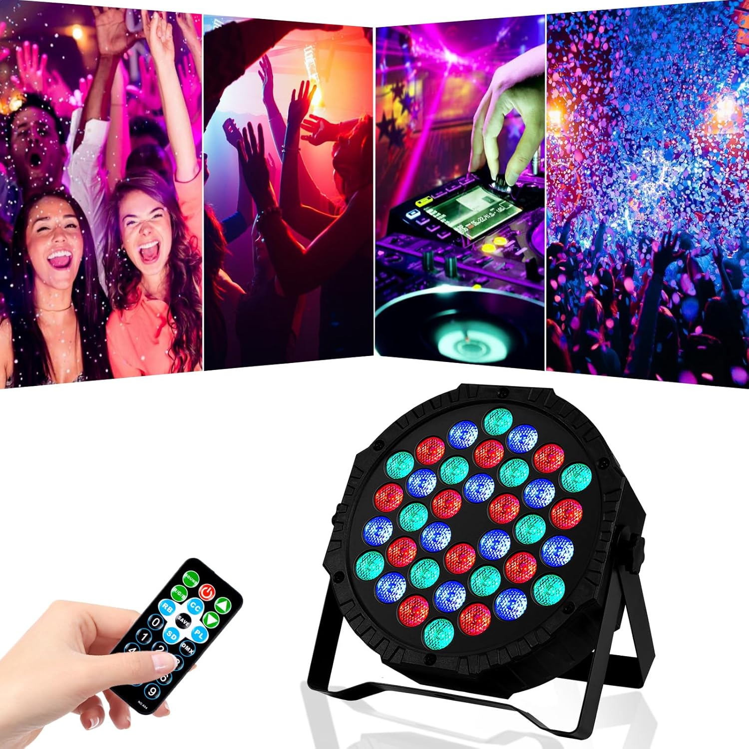 Luces LED para escenario DJ Par, 36 luces RGB para fiesta con control remoto activado por sonido, 7 modos de iluminación estroboscópica para
