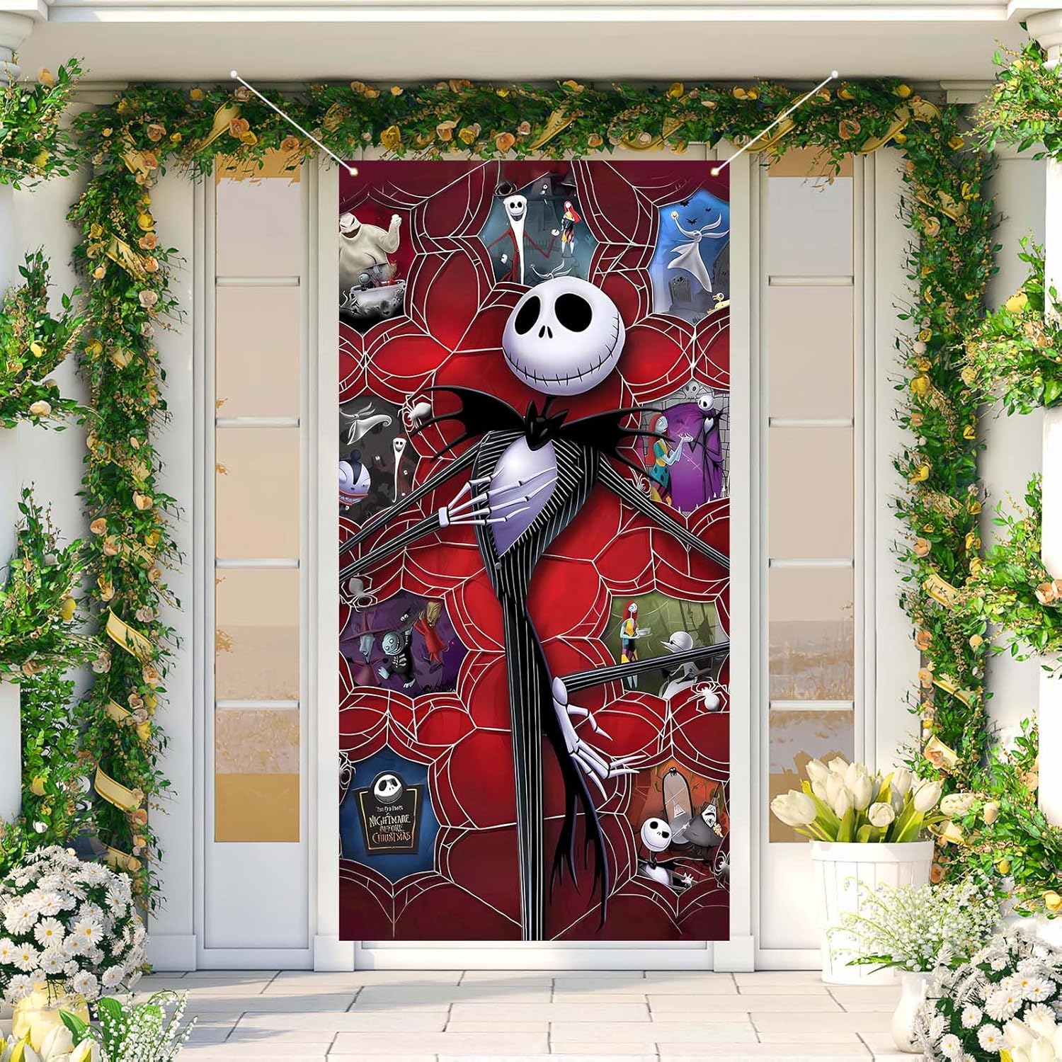 Jack Skellington Sally Zero – Cubierta de puerta de Jack Skellington Sally Zero – Fondo de fotos para Halloween, Navidad, Navidad, decoración y