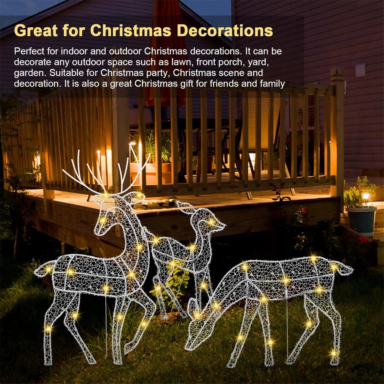 Juego de 3 piezas de renos de Navidad iluminados con ciervos de Navidad, decoración de patio de renos de Navidad, conjunto familiar de ciervos de