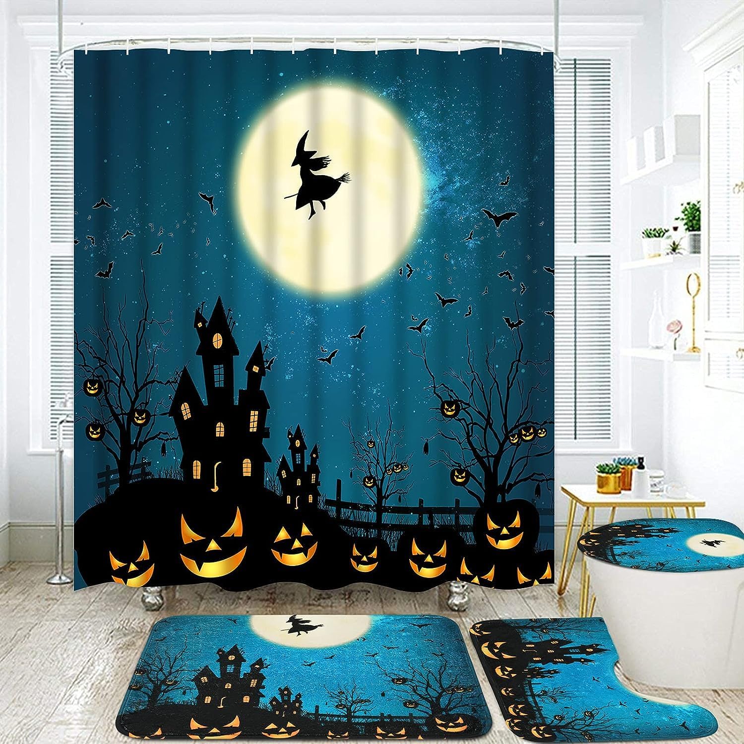 Ikfashoni Juego de 4 cortinas de ducha de Halloween con alfombras antideslizantes, cubierta para tapa de inodoro y tapete de baño, cortina de ducha