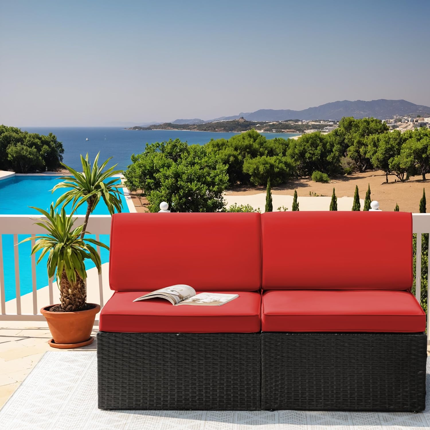 Greesum Juego de 2 piezas de muebles de mimbre de ratán para patio, sofá al aire libre con cojines, almohadas y mesa de cristal para porche, césped
