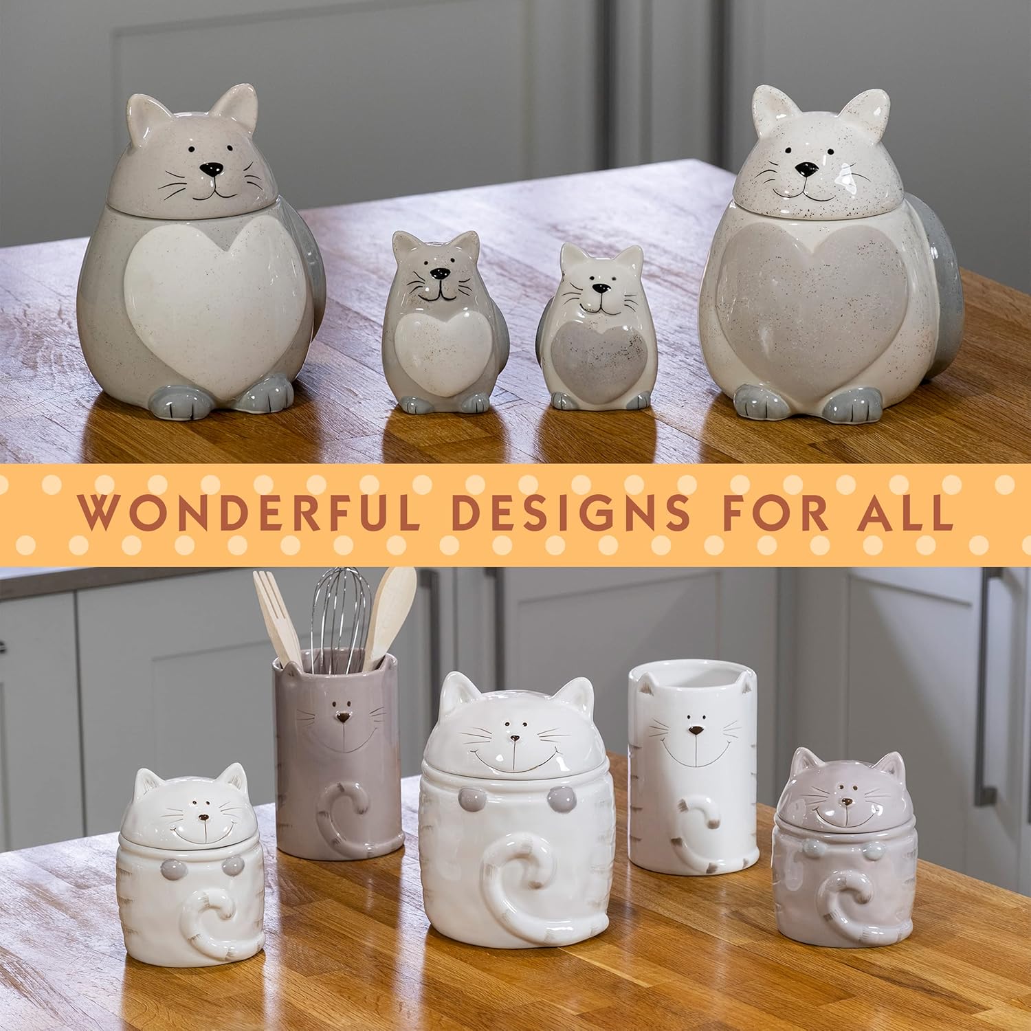 SPOTTED DOG GIFT COMPANY Tarro de galletas para gatos con tapa, recipiente de cocina de cerámica para encimera, lindo recipiente de almacenamiento