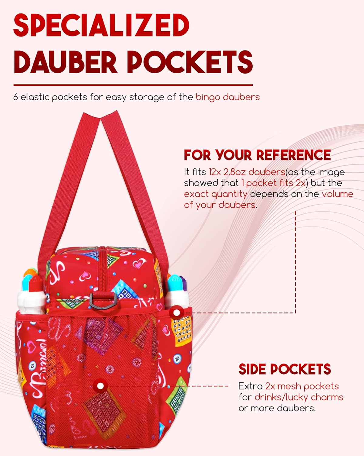 Bolsa de bingo roja para juegos de bingo, suministros de bingo Daubers para adultos, regalos para amantes del bingo del casino, jugadores,