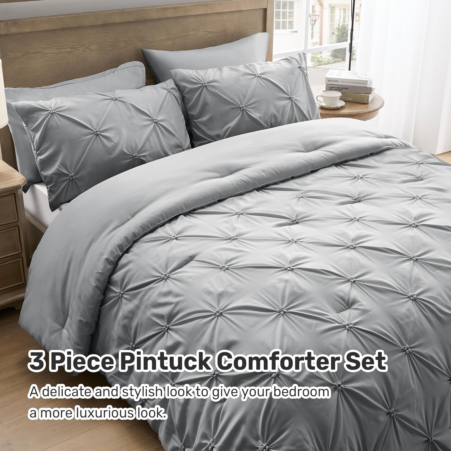 UNIKOME Juego de edredón tamaño King, color gris, juego de edredón de 3 piezas suave y esponjoso de lujo para todas las estaciones, juego de cama