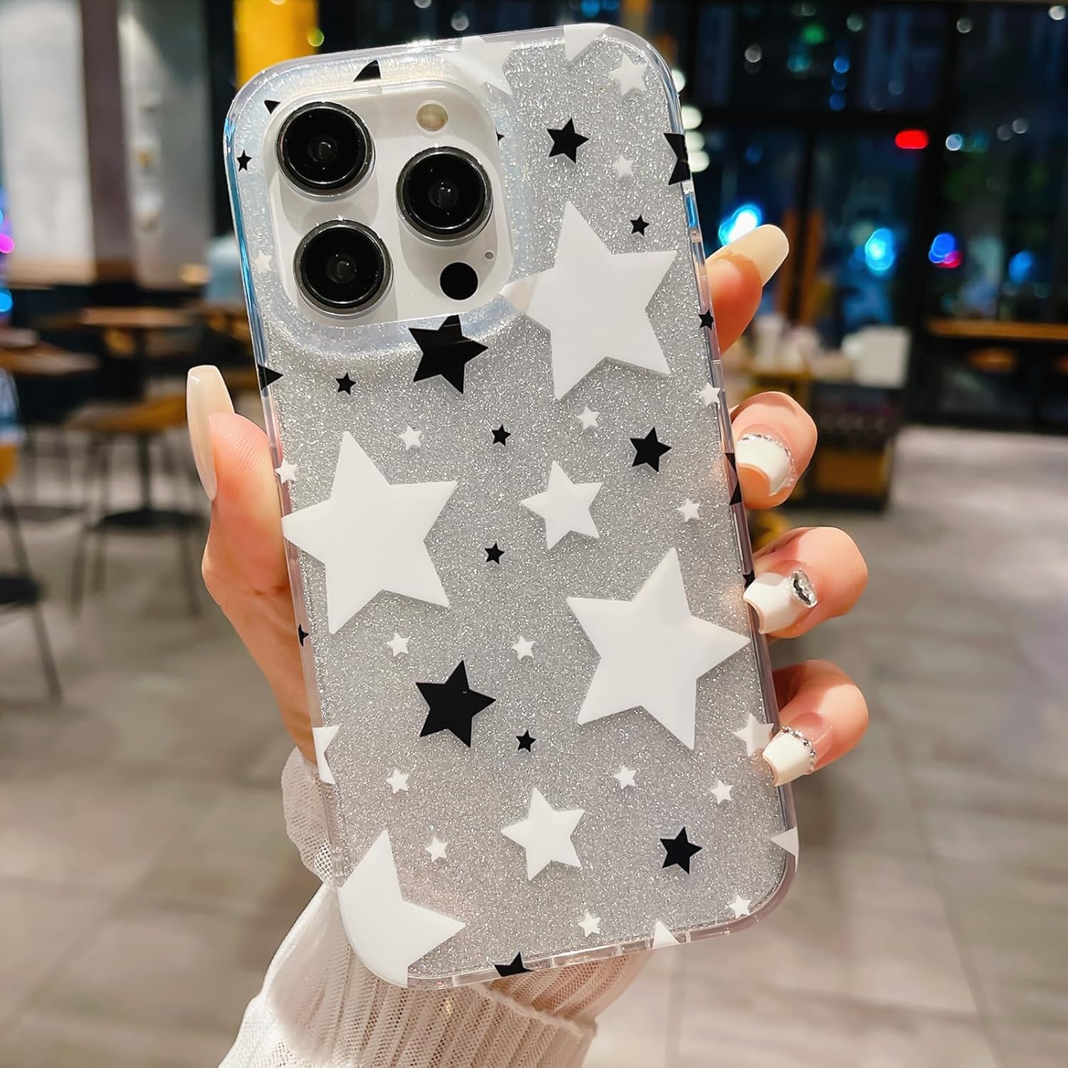 HYUEKOKO Funda compatible con iPhone 15 Pro con purpurina blanca y negra con estrellas para mujeres y niñas, funda delgada y dura para iPhone 15 Pro