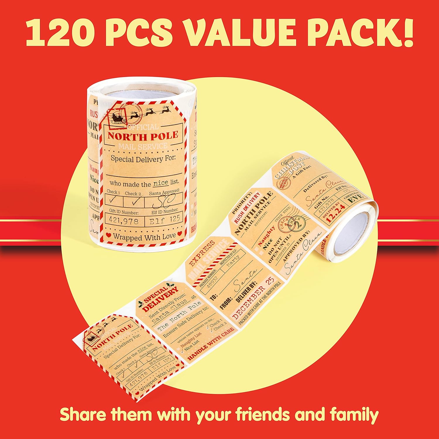 JOYIN 120 etiquetas de regalo de Navidad de 2.2 x 3.1 pulgadas, etiquetas autoadhesivas de papel kraft para envoltura de regalos, regalos de fiestas