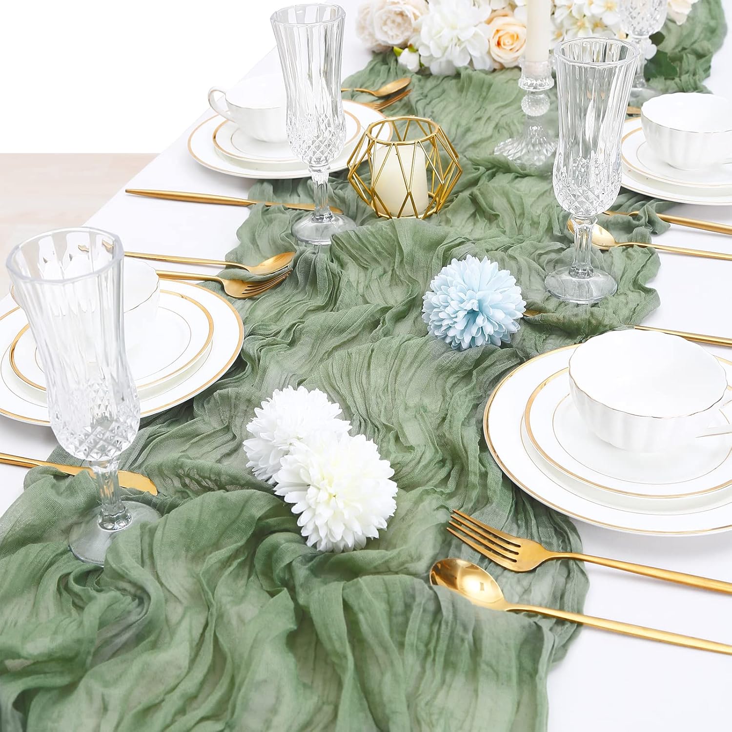 Camino de mesa de estopilla verde salvia, paquete de 5 caminos de mesa de gasa bohemia de 10 pies para boda, despedida de soltera, decoración de