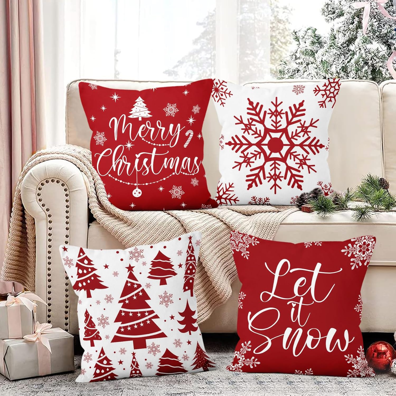 Juego de 4 fundas de almohada rojas de Navidad de 18 x 18 pulgadas, decoraciones navideñas con copos de nieve, fundas de almohada de árbol de