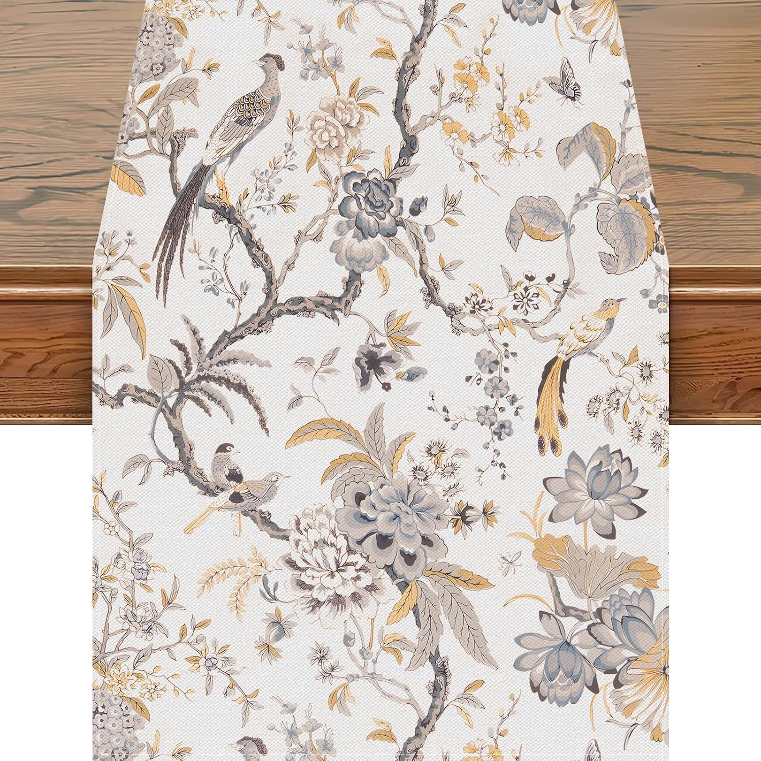 Snycler Chinoiserie Camino de mesa amarillo y blanco con flores de otoño, diseño moderno y elegante con pompones, centro de mesa geométrico,