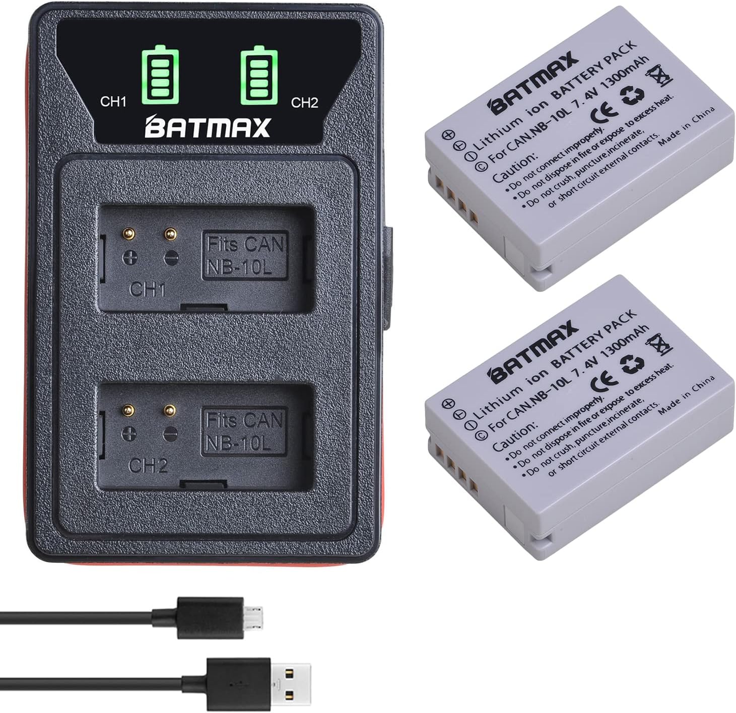 Batmax Paquete de 2 baterías NB-10L de alta capacidad (1300 mAh) + cargador USB doble integrado para batería Canon NB-10L cámaras digitales Canon