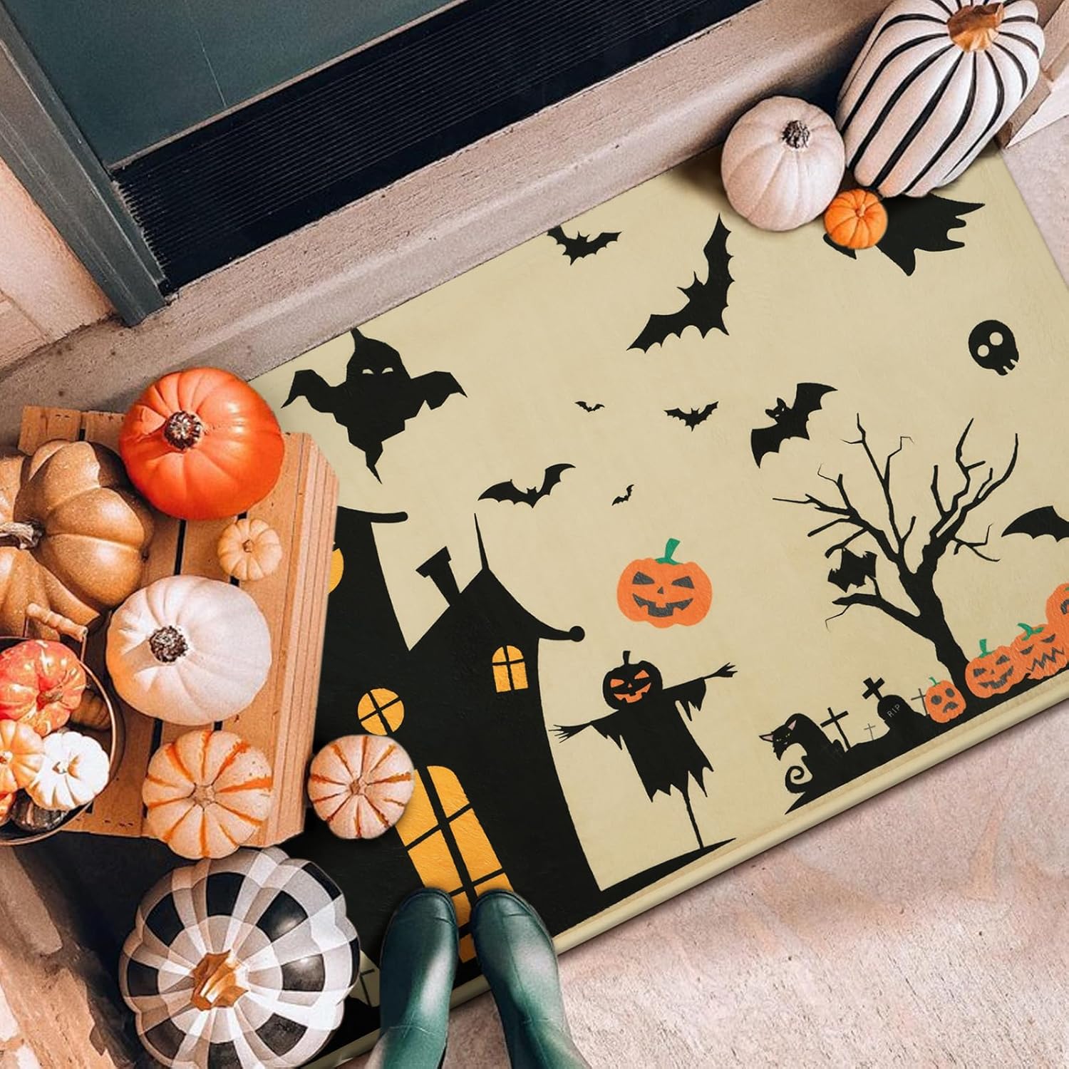Alishomtll Decoración de Halloween, tapete de puerta de Halloween para puerta delantera, tapete de Halloween para entrada al aire libre, tapete de