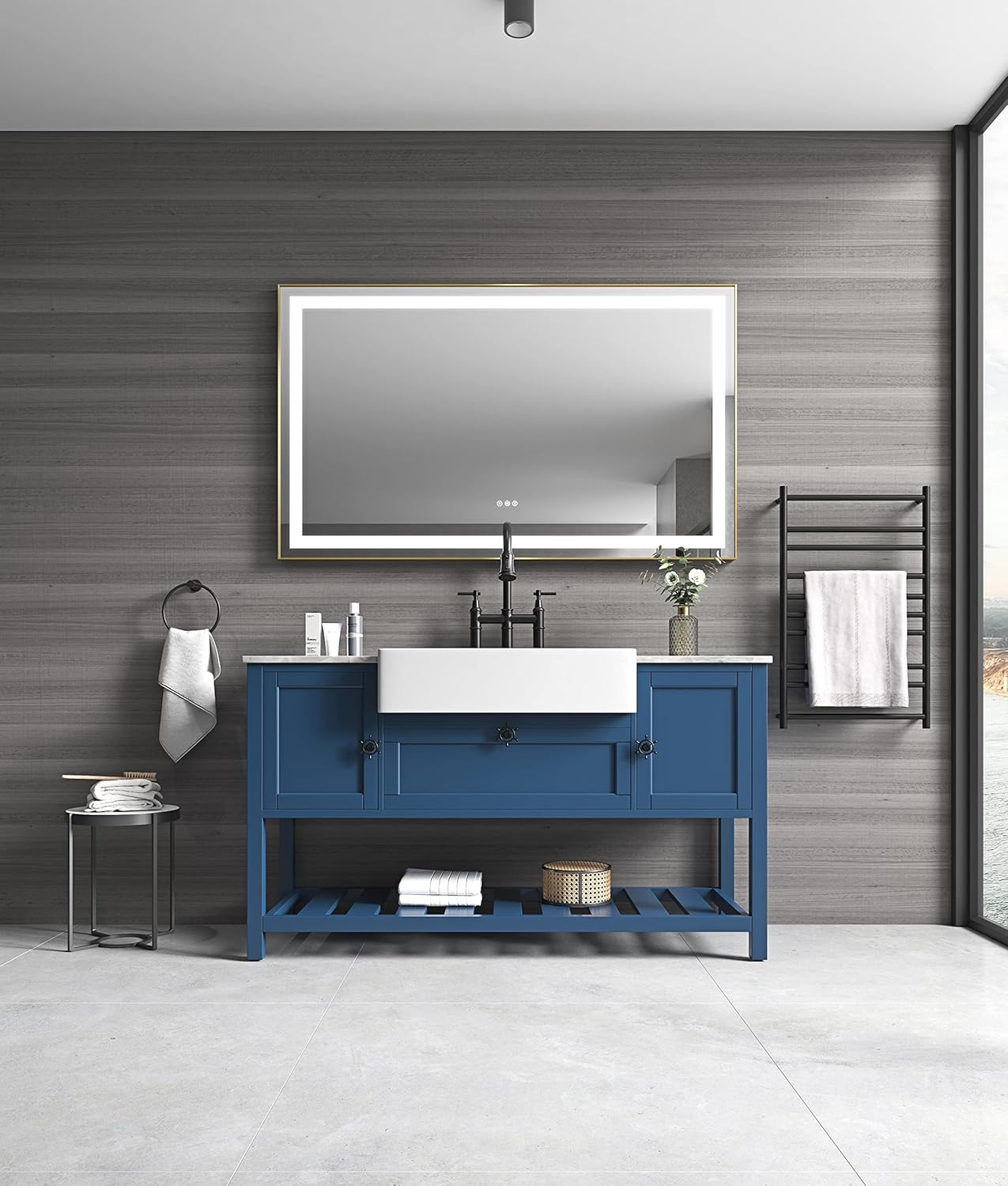 HomSof Espejo de baño LED doble, 60 x 48 pulgadas, frontal y retroiluminado, espejo de tocador de pared regulable sin escalones con antiniebla, a