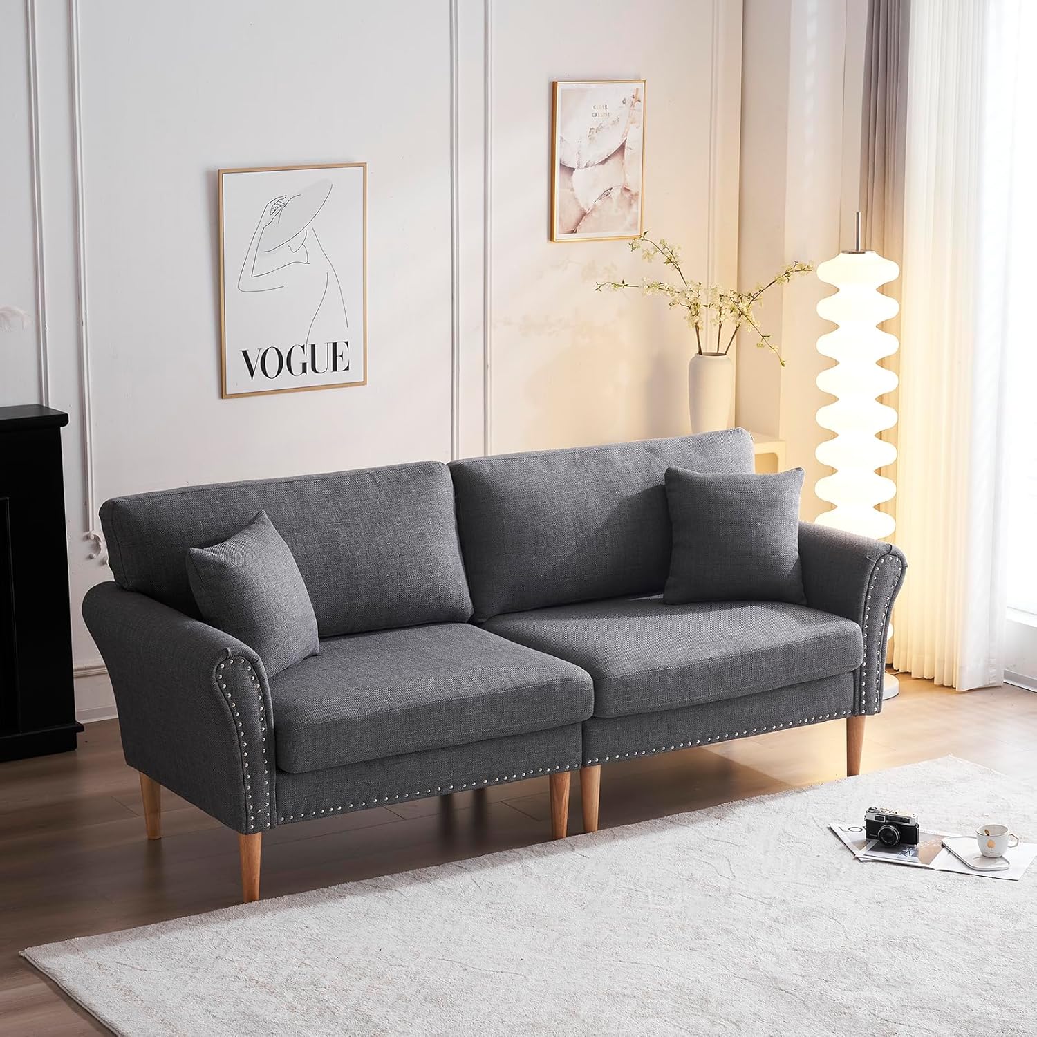 Karl home Sofá de 83 pulgadas, cómodo sofá biplaza de mediados de siglo, sofá gris con decoración de remaches, sofá de 3 plazas para sala de estar,