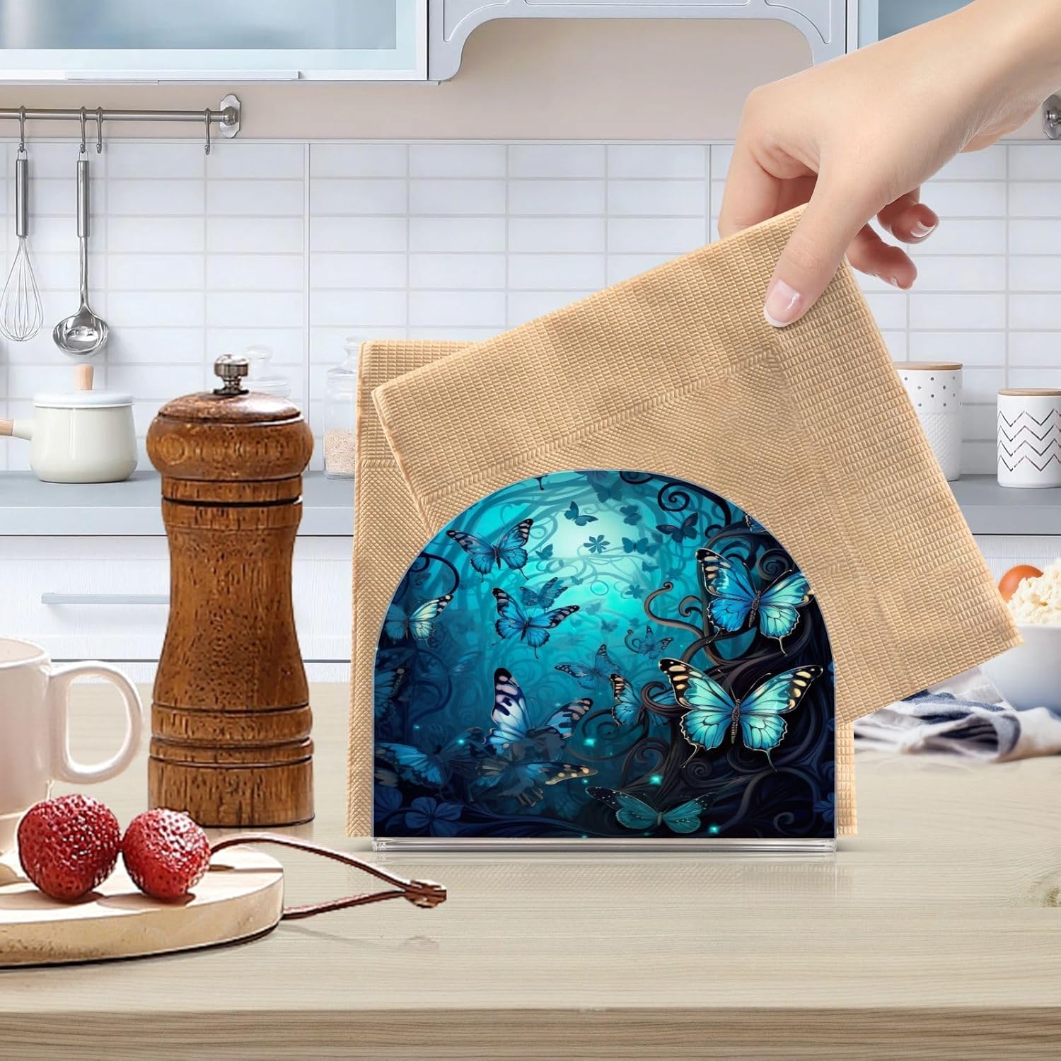 Napkin Holder Blue Butterflies Napkin Holders for Tables, Clear Acrylic Napkin Holders Cocktail Napkin Holder for Kitchen Restaurant Bar Home Decor