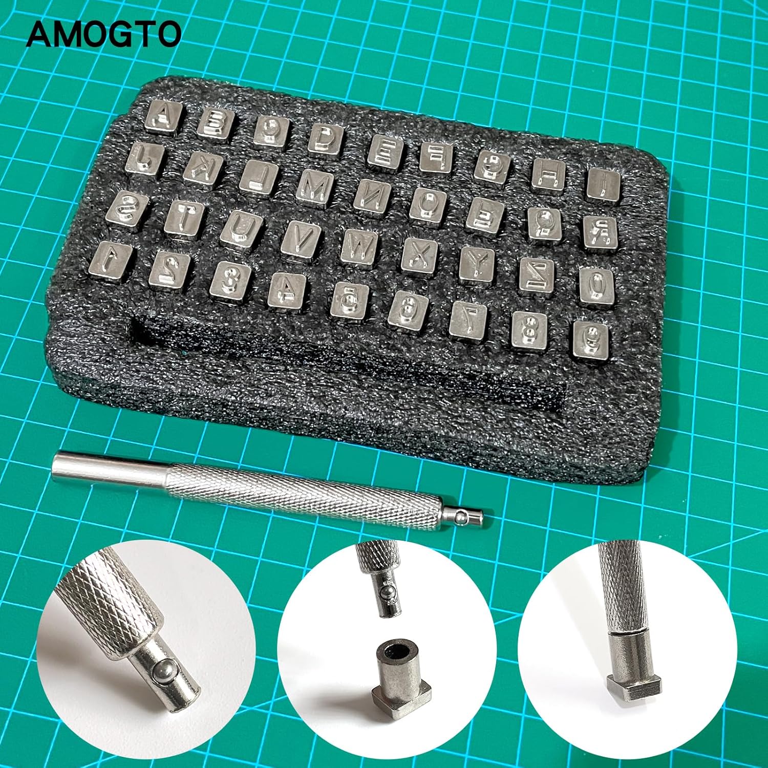Amogto Herramientas de estampado de cuero, kit de estampado de cuero del alfabeto, 38 herramientas de artesanía de cuero, 26 letras mayúsculas y 10