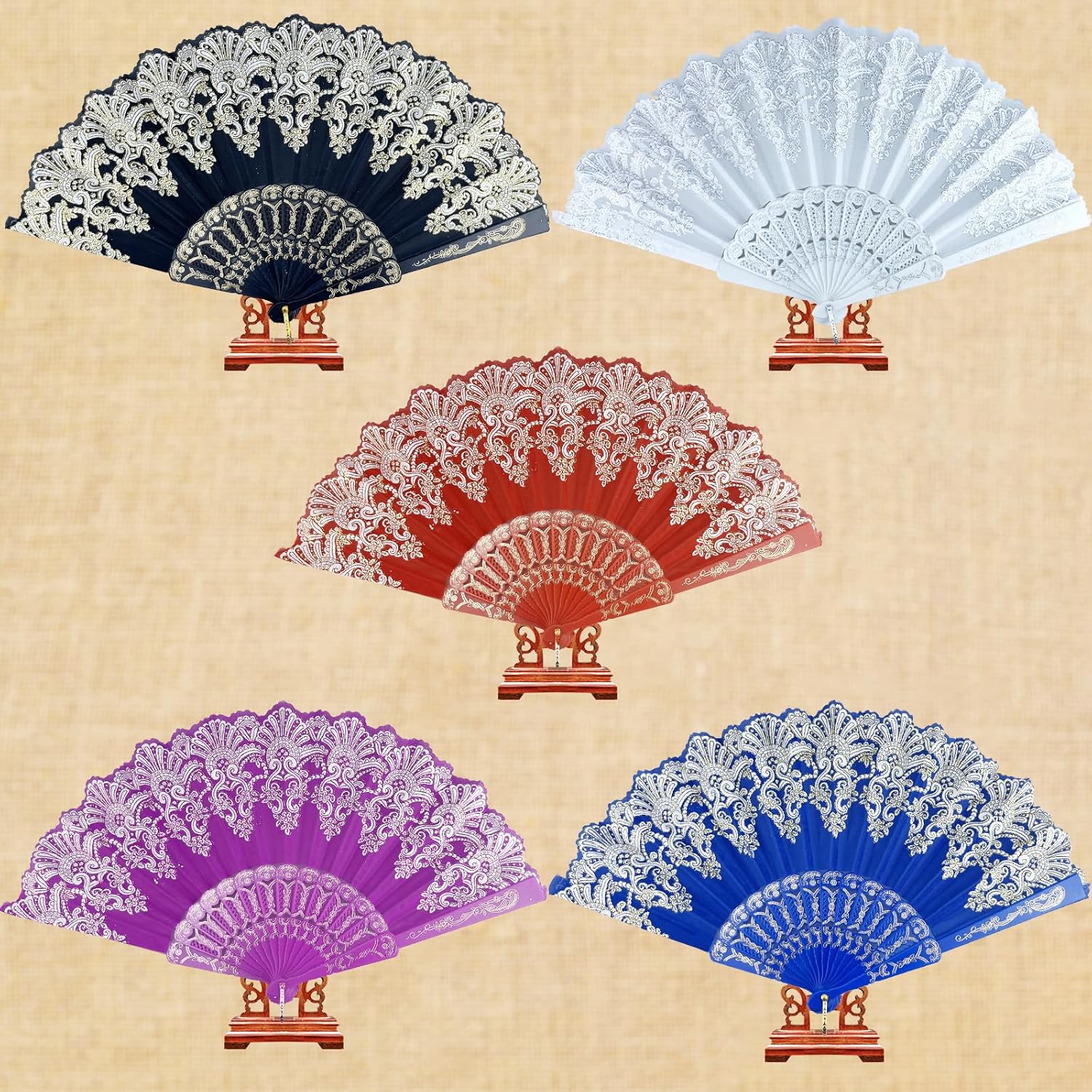 Abanico plegable español, 5 abanicos de mano tradicionales retro con encaje rosa floral elegante ventilador de mano para bodas, bailes, fiestas de