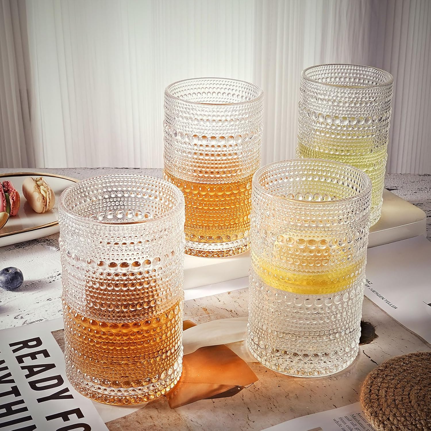 hobnail – Juego de 4 vasos altos de 12 onzas, cristalería vintage a la antigua usanza, agua, cóctel, bebidas de whisky, jugo de leche, regalo para