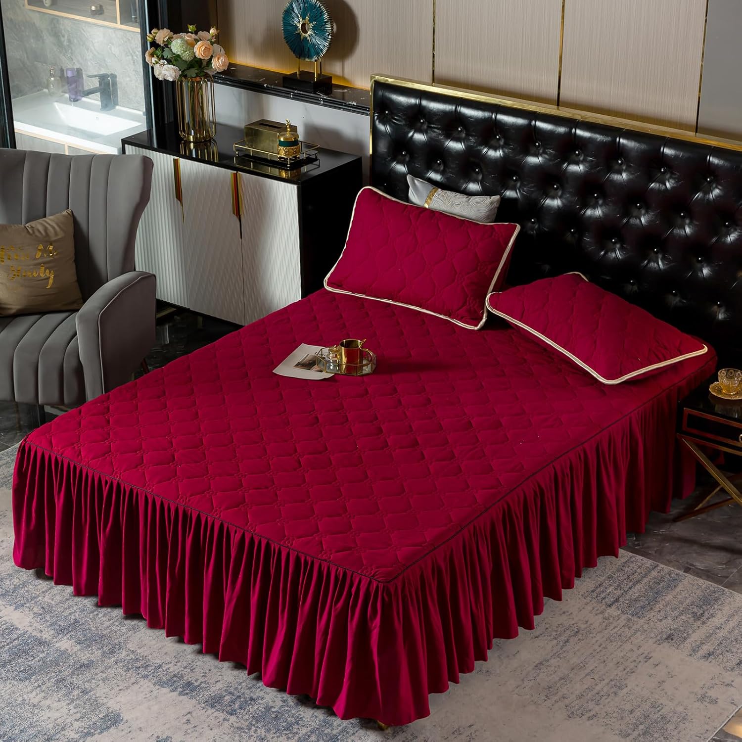 Beyeutao Falda de cama tamaño California King, faldas de cama color burdeos de 72 x 84 pulgadas, sábana bajera ajustable con volantes de algodón de