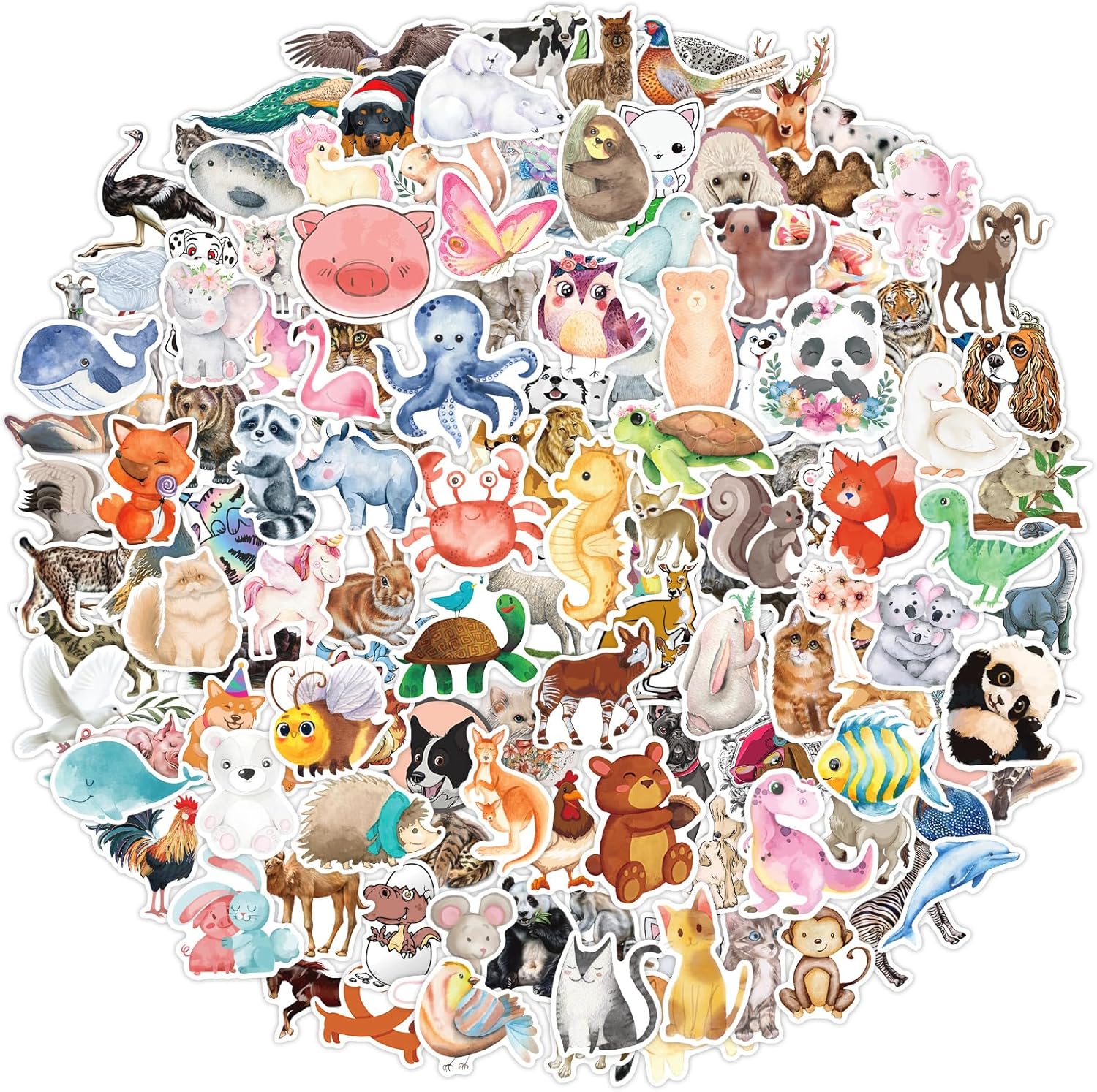 160 calcomanías de animales lindos para niños, calcomanías de animales de acuarela de dibujos animados para botella de aguaportátil, calcomanías de