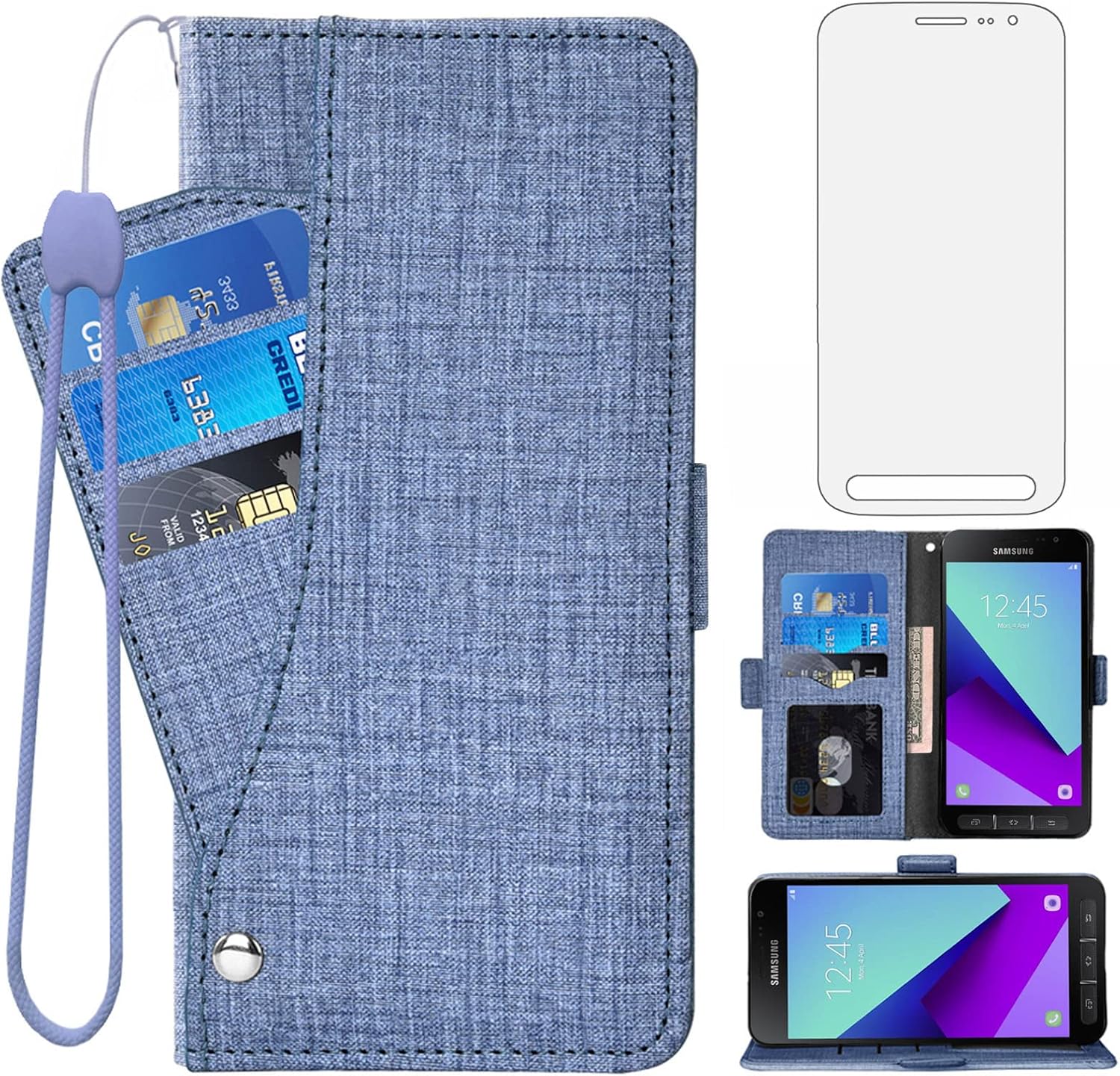 Asuwish Compatible con Samsung Galaxy Xcover 44S – Funda tipo cartera con protector de pantalla de vidrio templado y soporte de cuero para tarjetas,