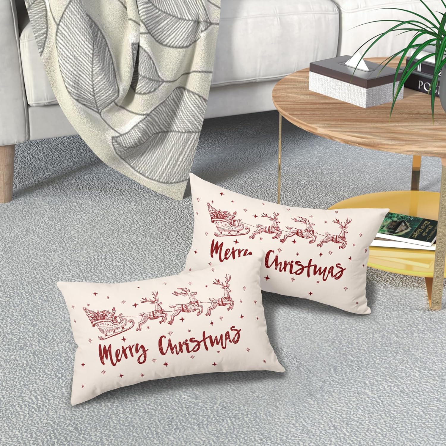 Juego de 2 fundas de almohada lumbar de Navidad de 12 x 20 pulgadas, diseño de ciervos y Papá Noel, fundas de almohada decorativas de lino de