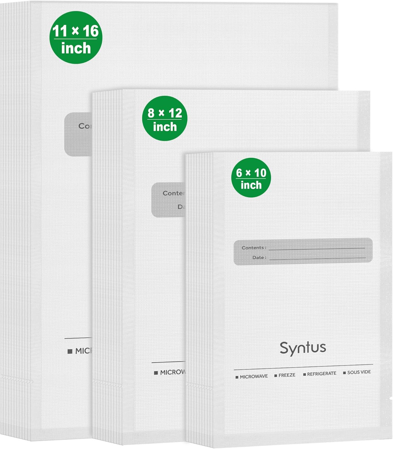 Syntus Bolsas selladoras al vacío, 150 galones de 11 x 16 pulgadas y cuartos de galón de 8 x 12 pulgadas y pinta de 6 x 10 pulgadas, bolsa de