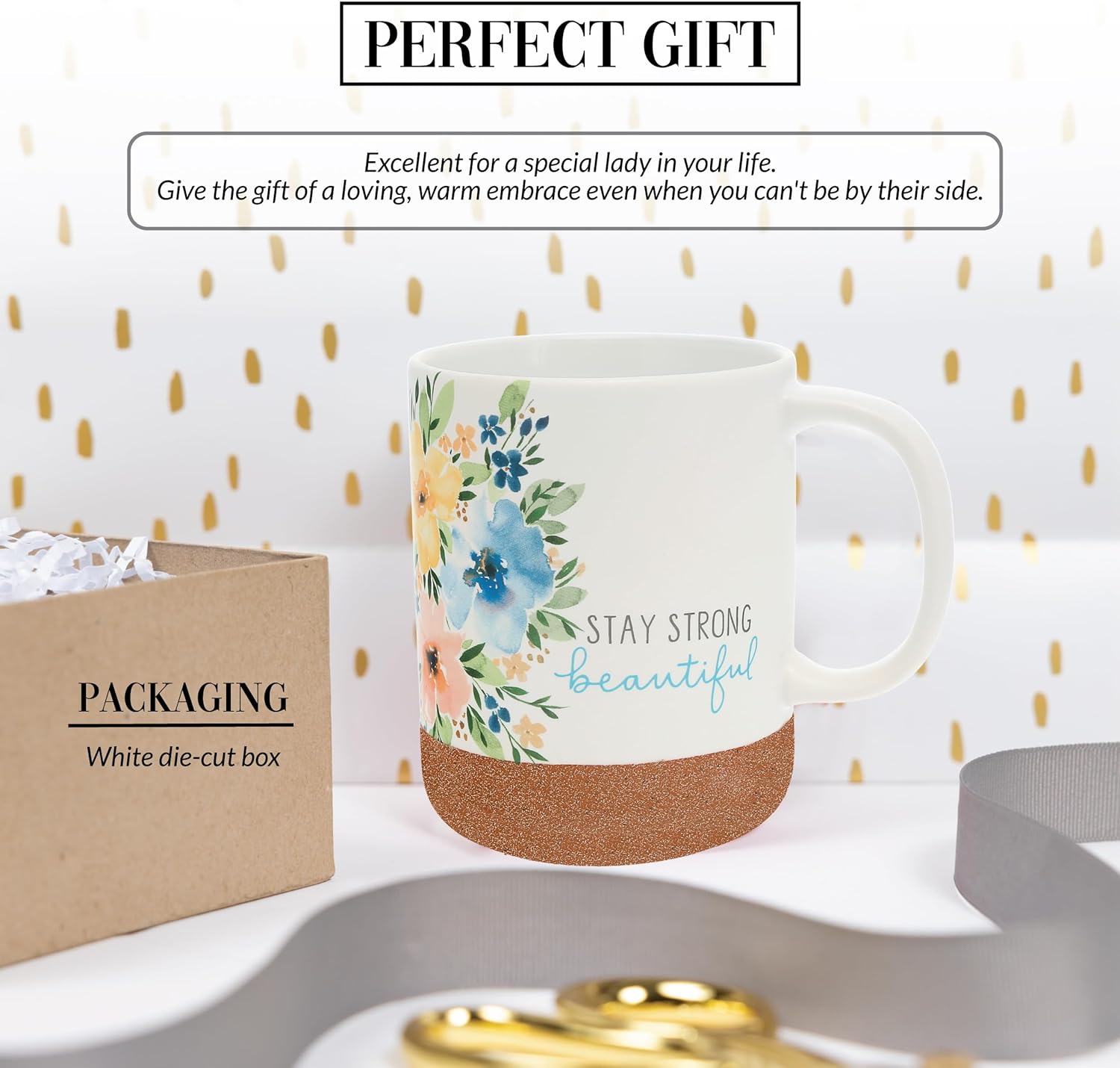 Pavilion Gift Company Stay Strong Beautiful – Taza de cerámica de 16 onzas con fondo glaseado de arena, floral, taza de café de mango grande, regalo