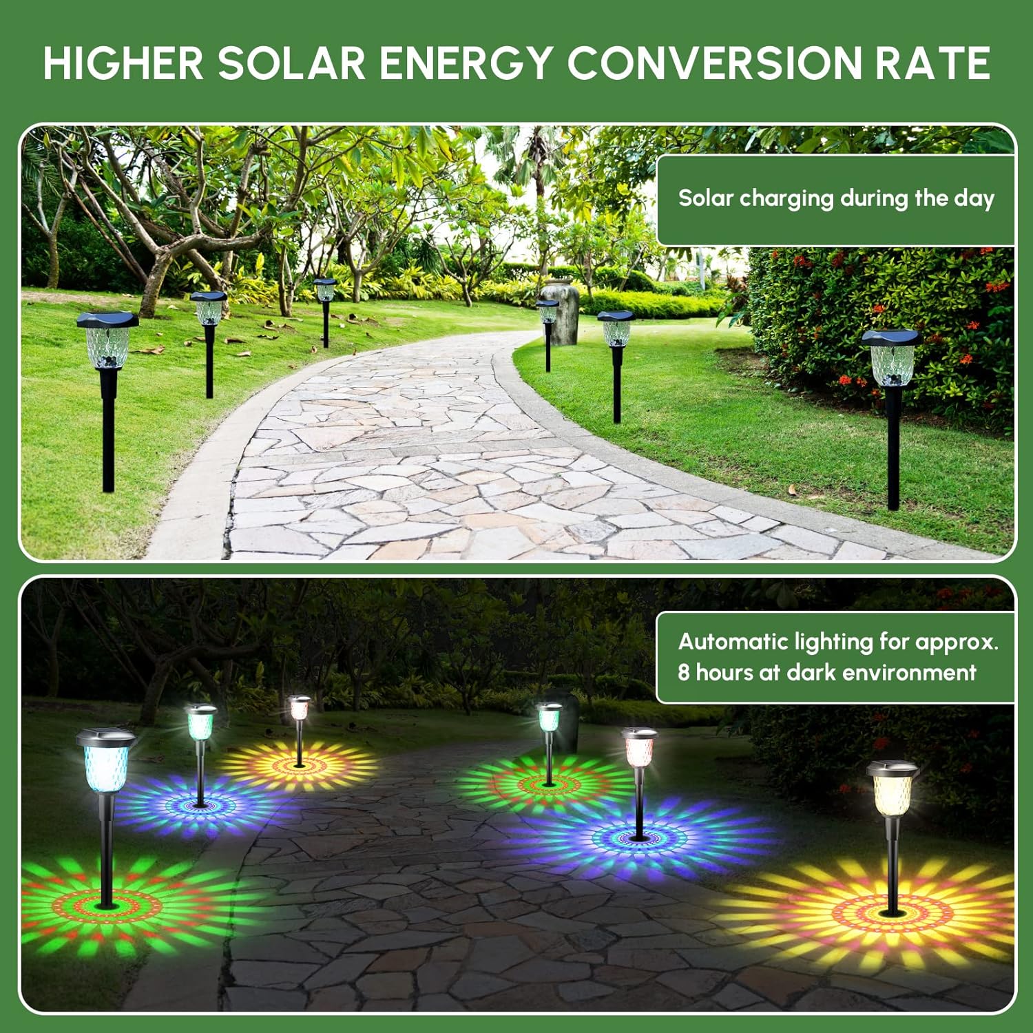Paquete de 2 luces solares para camino, luces de cristal con estaca de paisaje que brillan hasta 12 horas para pasarela al aire libre, césped,