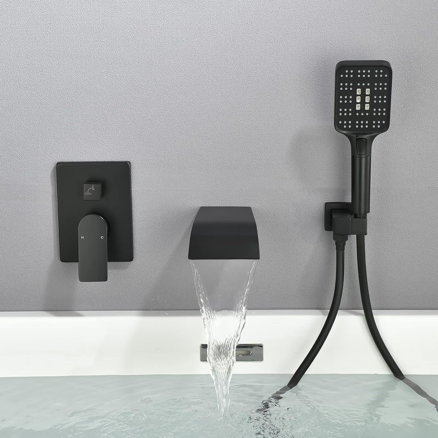 Juego de grifos de bañera con rociador de mano con kit de moldura de válvula áspera, grifos de bañera de montaje en pared, color negro mate