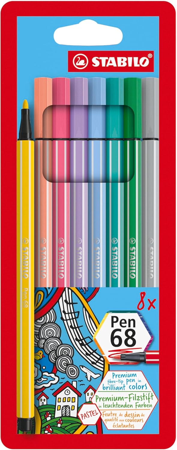 STABILO Bolígrafo de punta de fieltro premium 68 – Billetera de 8 – Tonos pastel