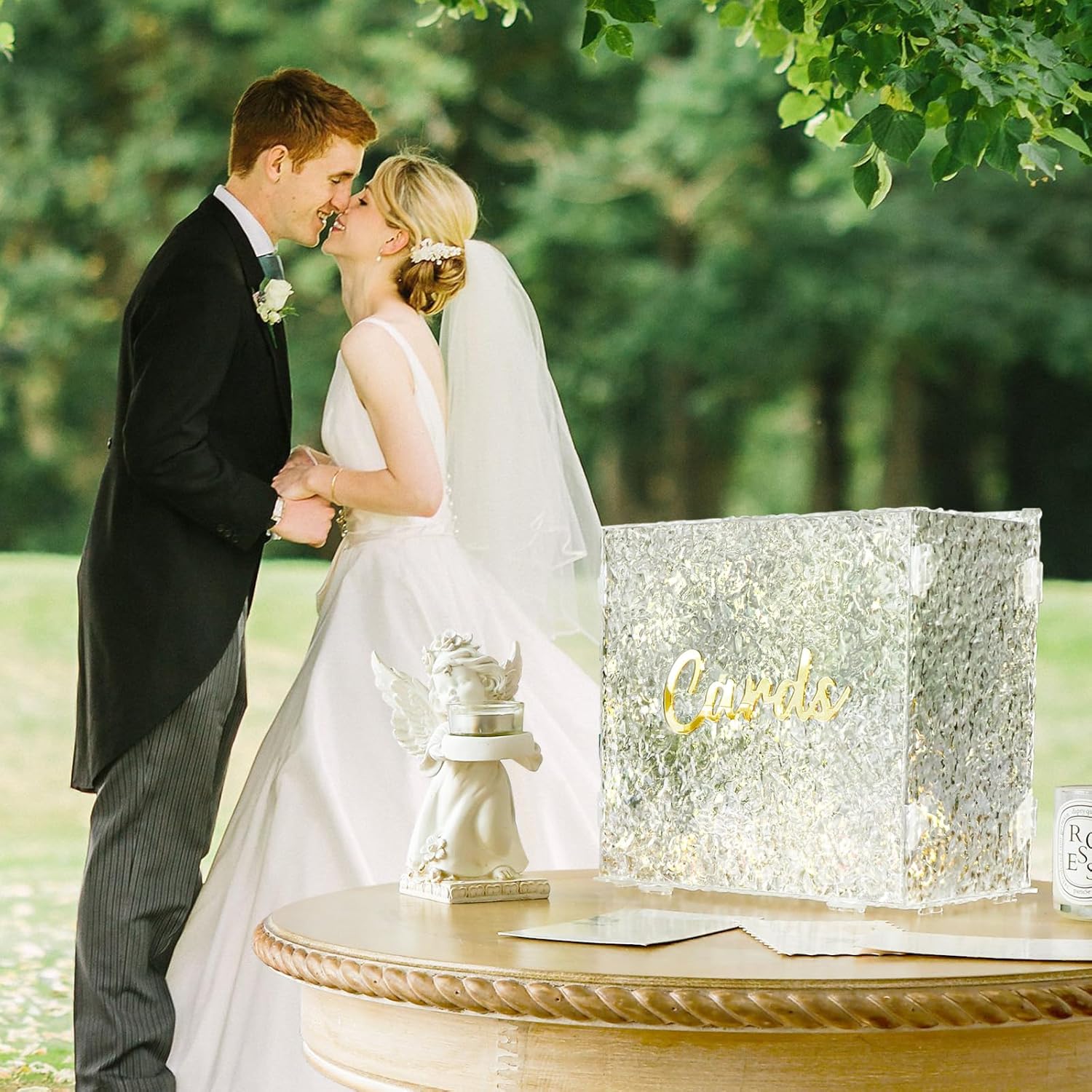 OurWarm Caja de tarjetas de boda de acrílico con cadena de luz, caja de tarjeta de regalo grande para recepción de boda, ondulación de agua, sobre