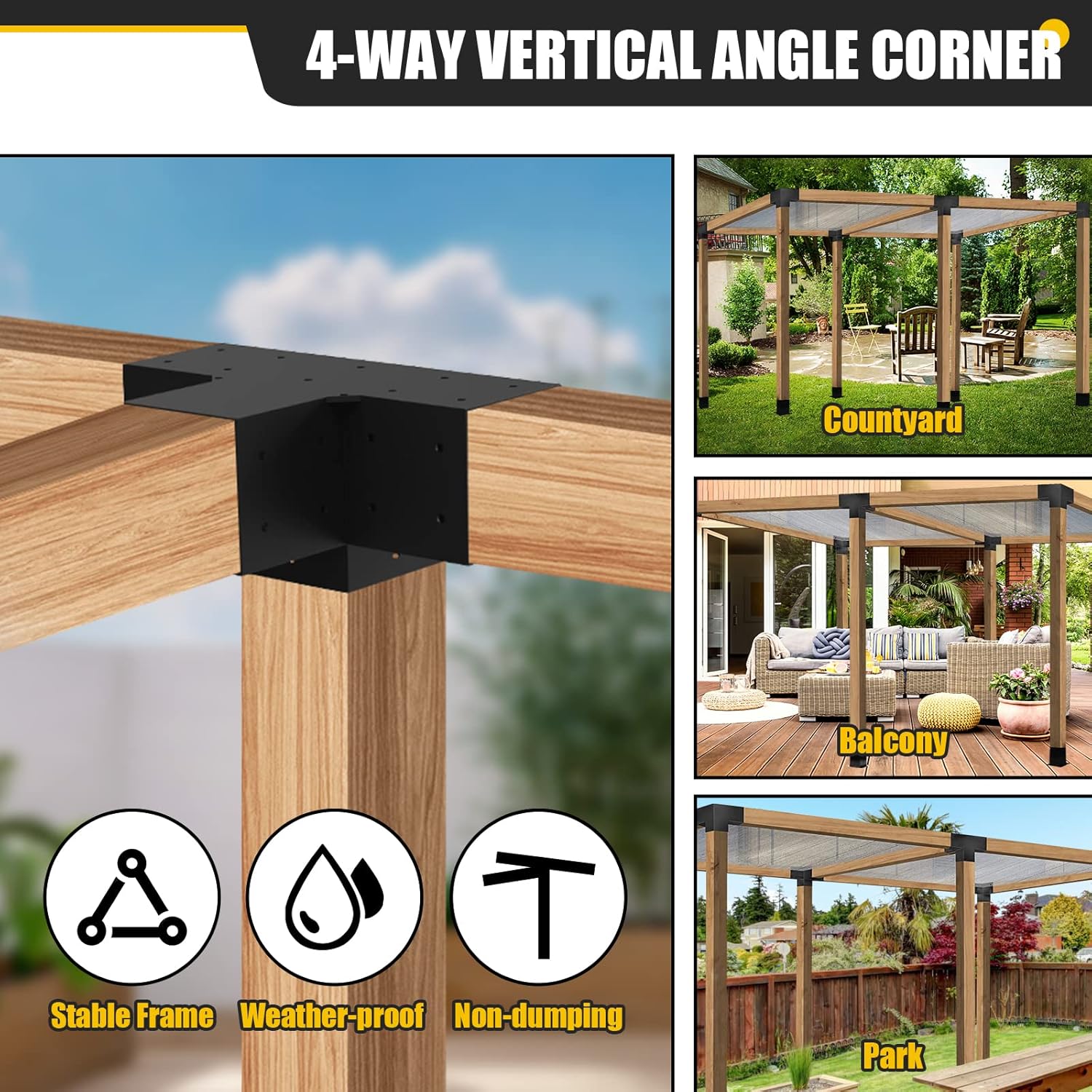 Woodworks – Kit de soportes de pérgola de 6 x 6, soportes de extensión de esquina de 4 vías, recubrimiento de polvo negro, soportes de metal de 6 x