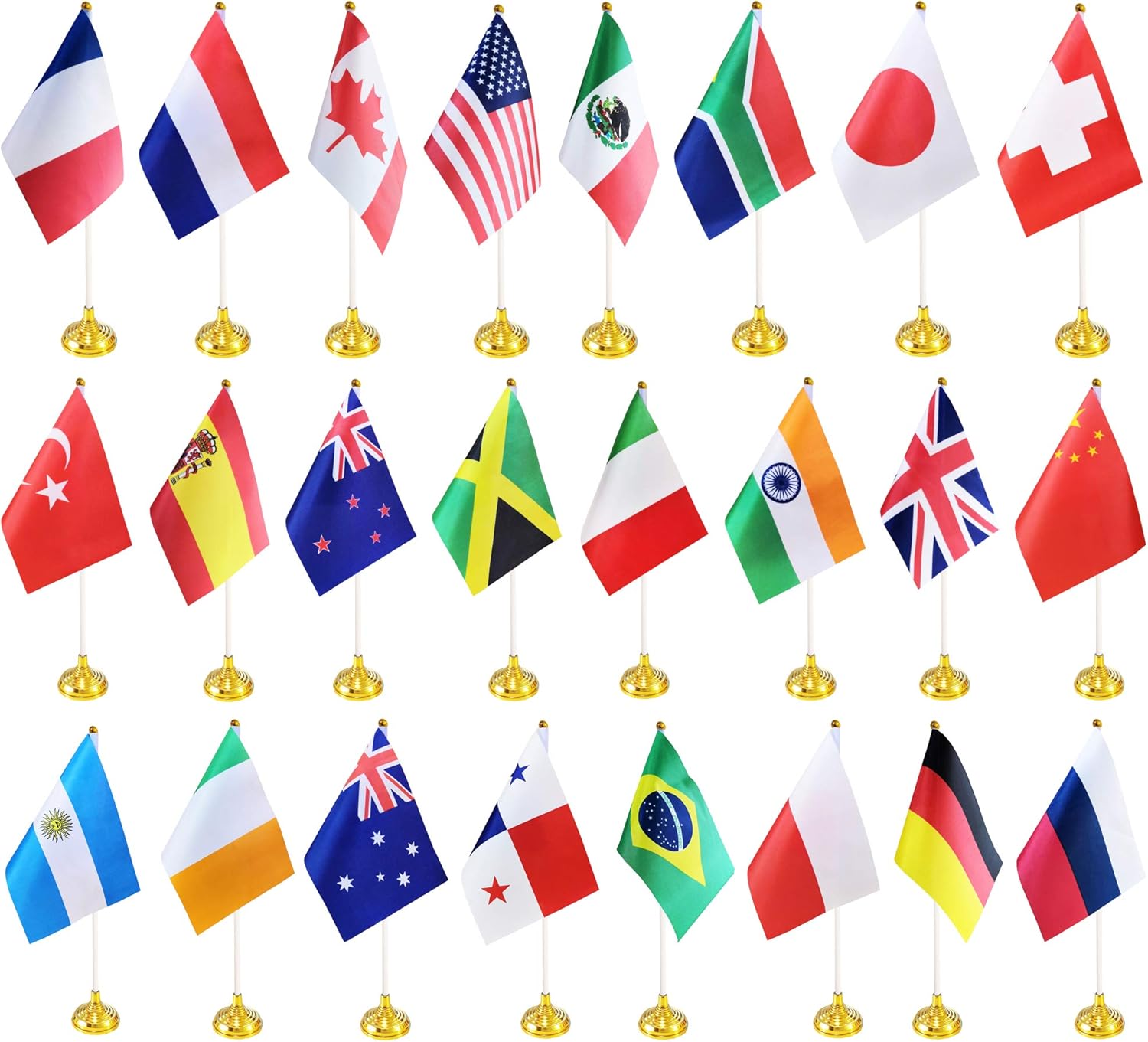 Paquete de 24 banderas internacionales de escritorio de campo, pequeñas banderas de mesa de lujo con base de soporte, bandera de escritorio