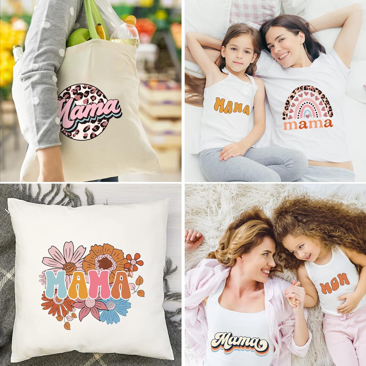 Whaline 6 hojas de parches para planchar con texto en inglés “Mama Boho, para planchar con estampado de arcoíris, flores, leopardo, mamá”, vinilo