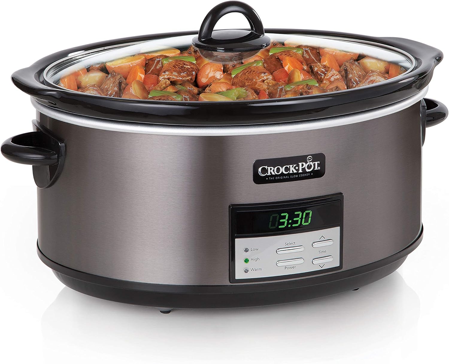 Crock-Pot Olla de cocción lenta programable grande de 8 cuartos con ajuste de calentamiento automático y libro de cocina, acero inoxidable negro y