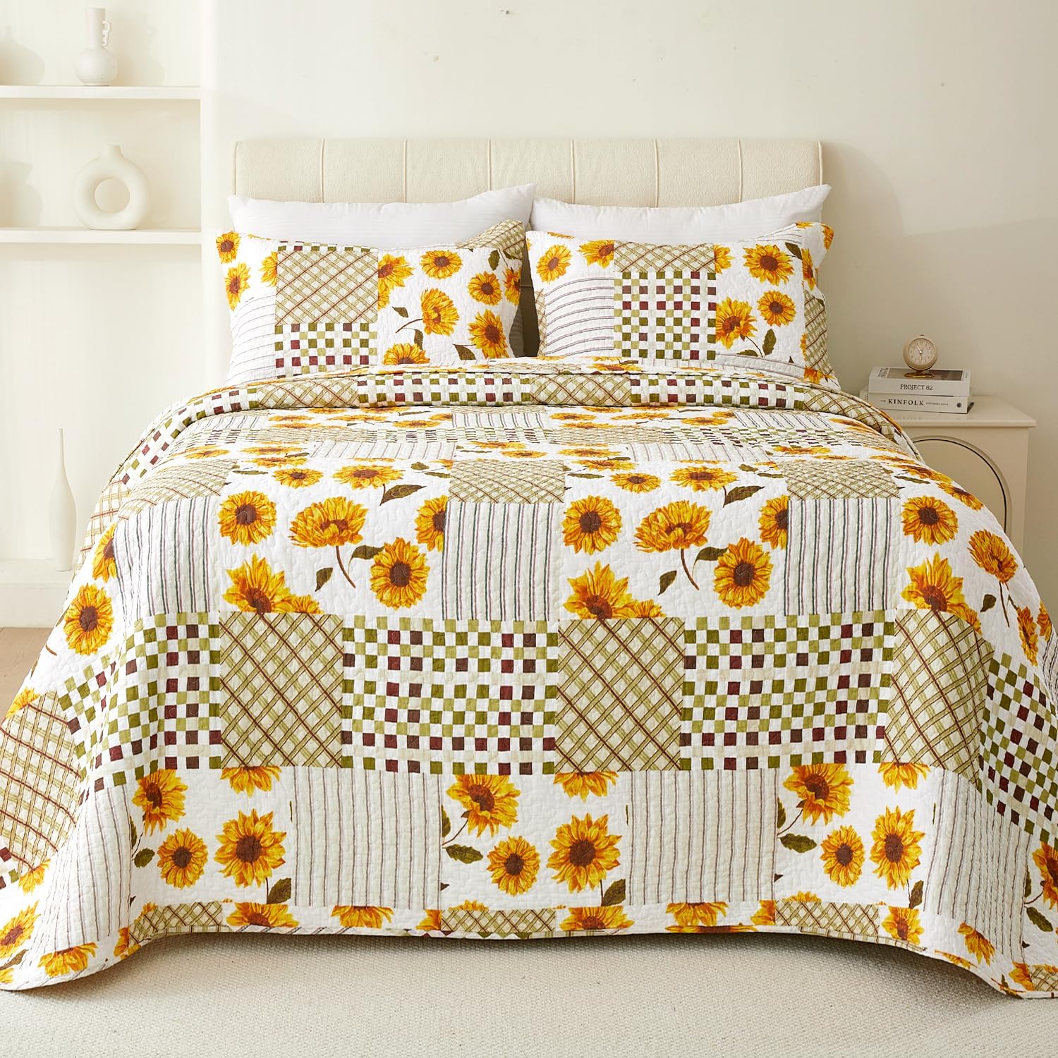 EVENHUG Juego de edredón de 100 % algodón, tamaño King, diseño de girasol naranja, ligero, floral, reversible, con 2 fundas de almohada, para todas