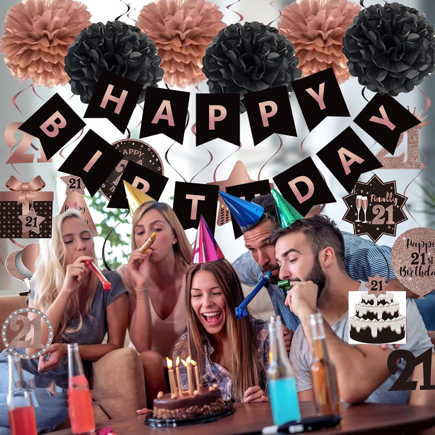BRT Bearingshui Decoración de serpentinas colgantes de feliz cumpleaños número 21, pancarta de feliz cumpleaños con pompones de seda, oro rosa y